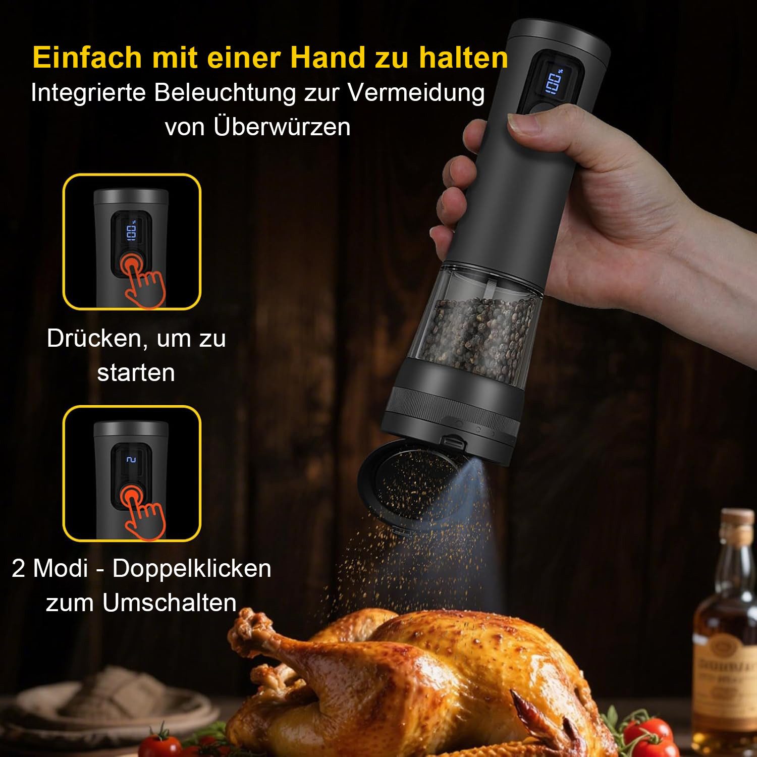 ibettertec Salz-/Pfeffermühle Salz und Pfeffermühle Salzmühle 2er Set Elektrisch USB Aufladbar (Wiederaufladbar, LED Beleuchtung, mit einstellbarem Keramikmahlwerk, Reinigungsbürste Bürste), für BBQ, Restaurant, Küche