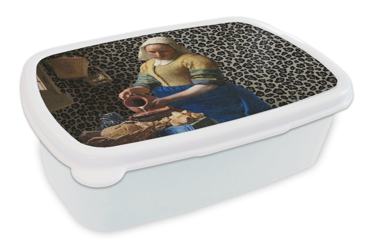 MuchoWow Lunchbox Milchmädchen - Kunst - Pantherdruck - Vermeer - Gemälde - Alte Meister, Kunststoff, (2-tlg), Brotbox für Kinder und Erwachsene, Brotdose, für Jungs und Mädchen weiß
