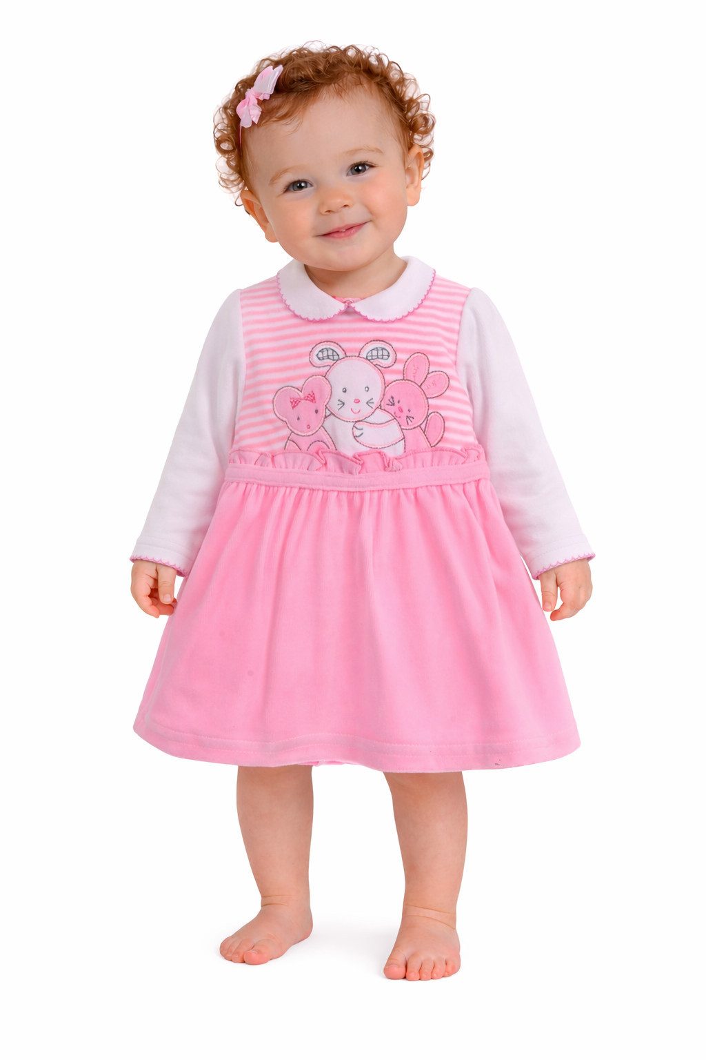 La Bortini Sweatkleid Baby Kleid warm und weich aus Velours in Rosa Kleidchen kuschelig, mit Tiren Stickerei, 44 50 für Neugeborene, Erstlingskleid
