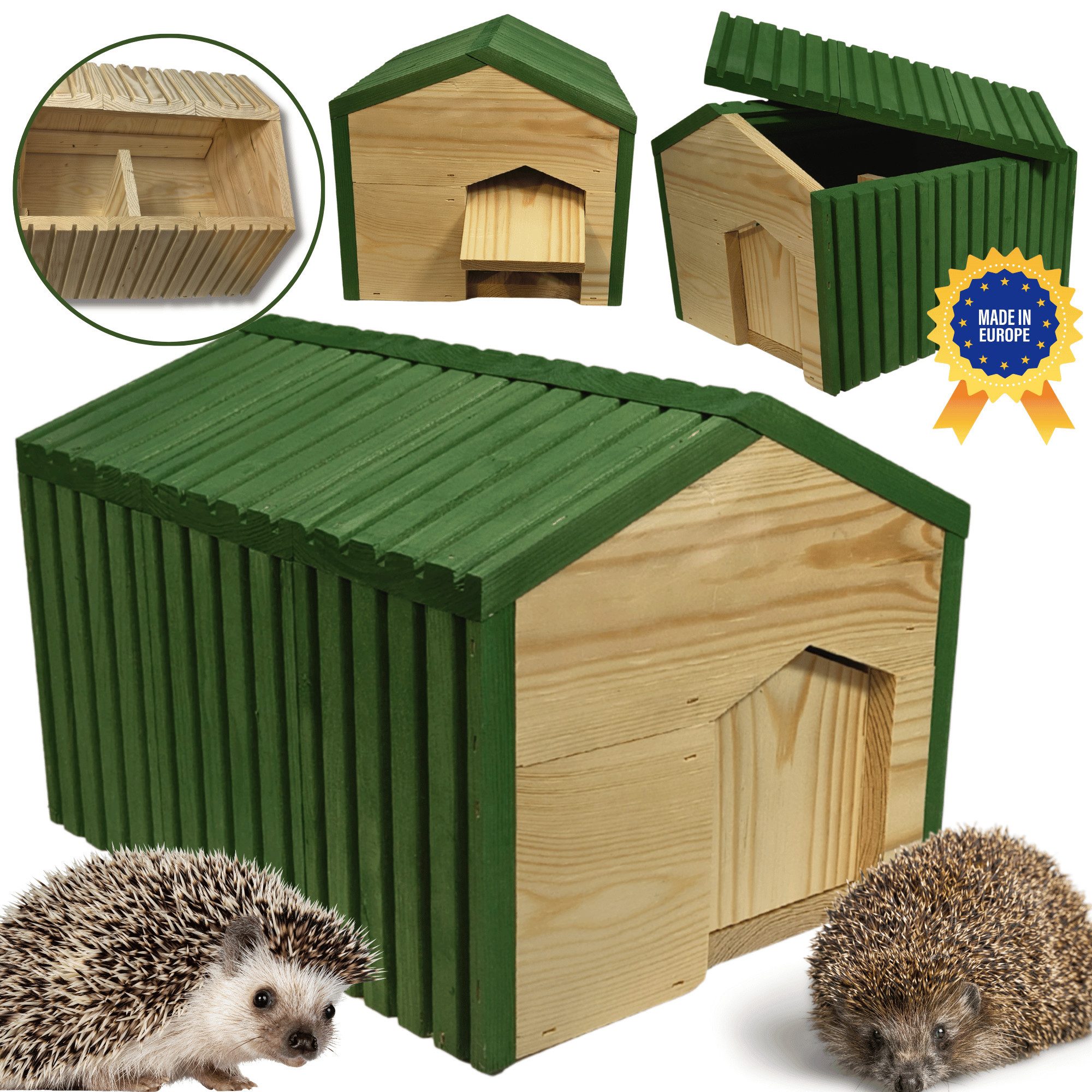 Modo24 Igelhaus mit Boden XXL Winterfest Igelhütte Labyrintheingang, 25x36x27 cm Bausatz Igelfutterhaus Winterschlaf & Nisthaus FSC Holz