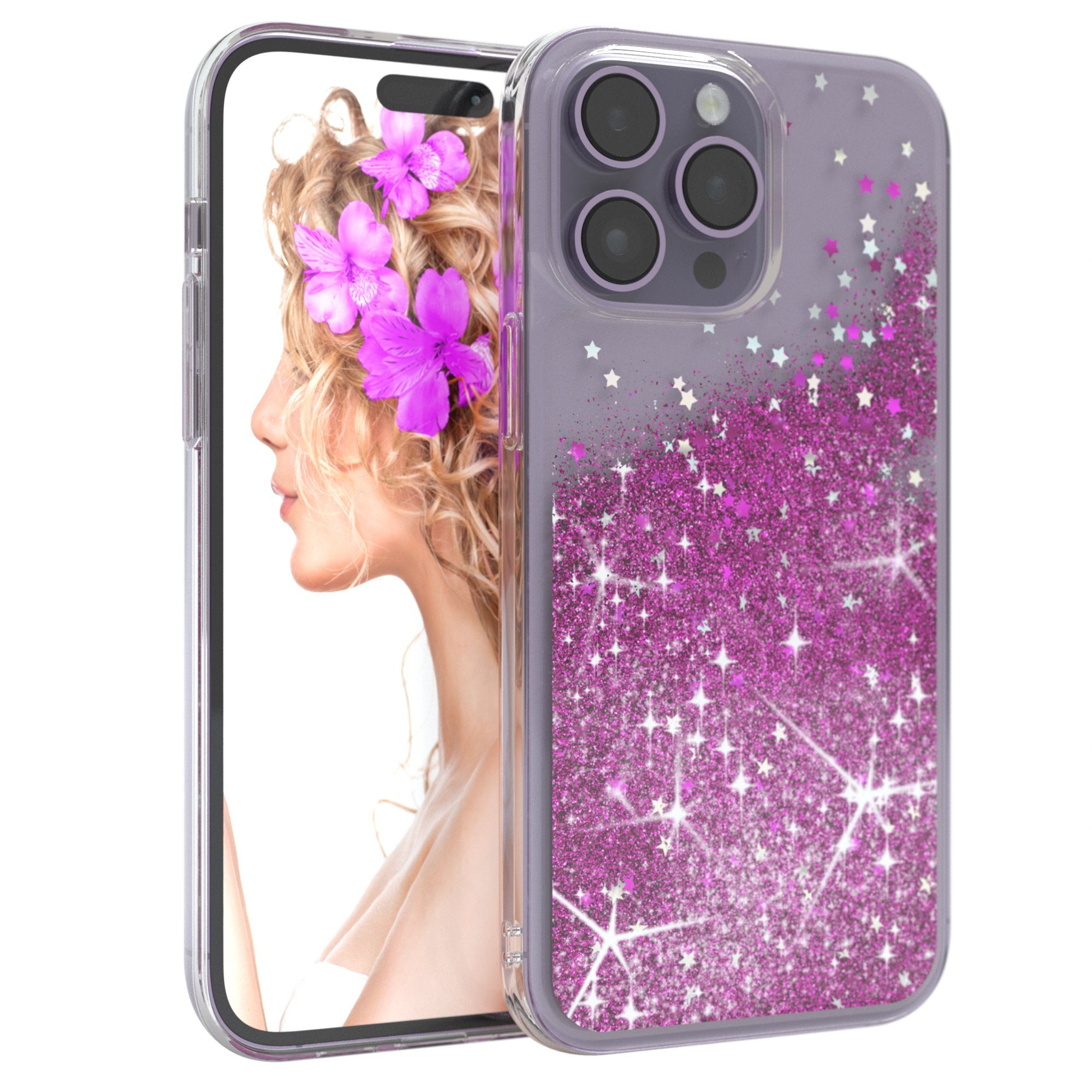 EAZY CASE Handyhülle Liquid Glittery Case für Apple iPhone 14 Pro Max 6,7 Zoll, Bumper Case Back Cover Glitter Glossy Handyhülle Etui Violett Lila