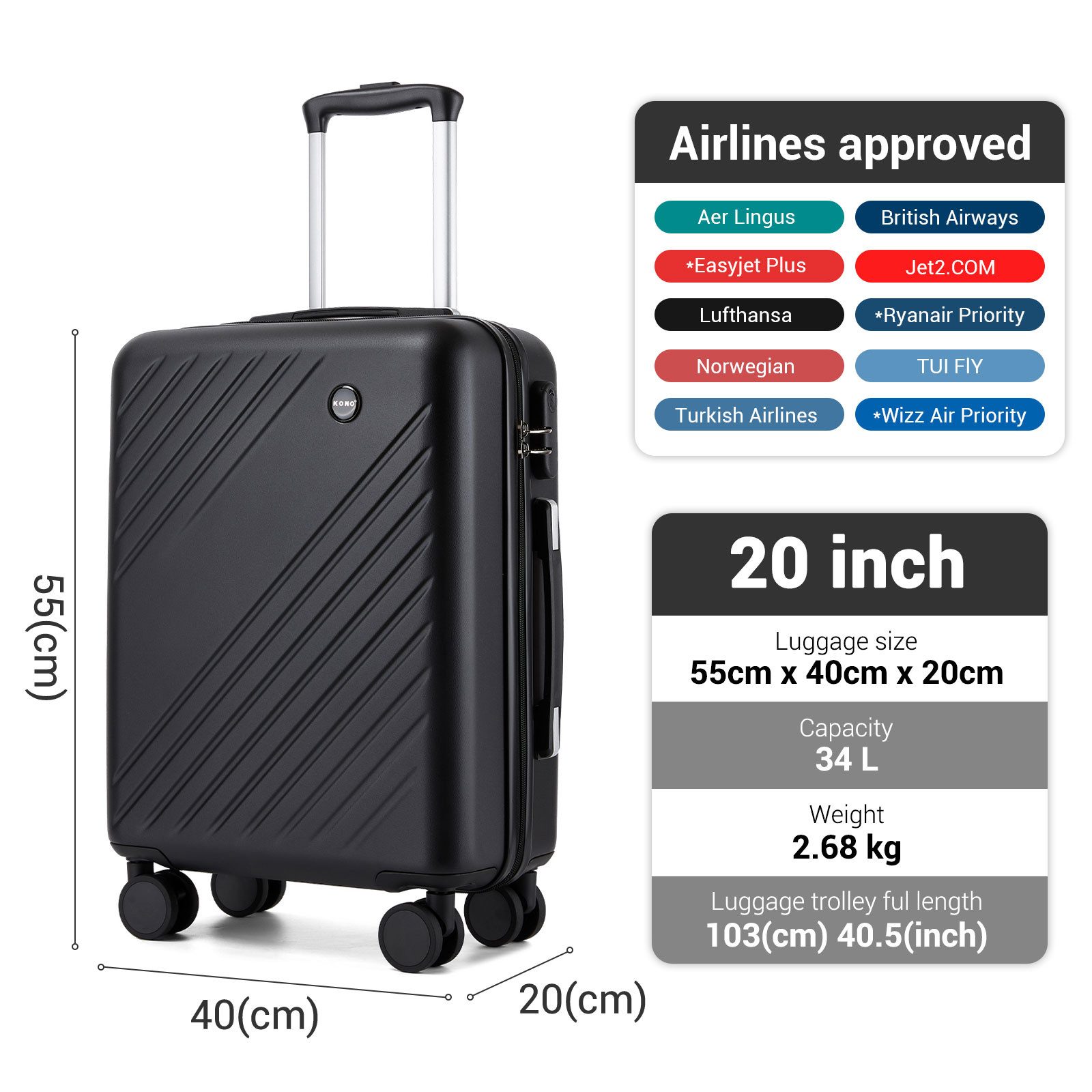 KONO Koffer Hartschalenkoffer 20/24/28 Zoll, ABS+PC, Leichter Reisekoffer