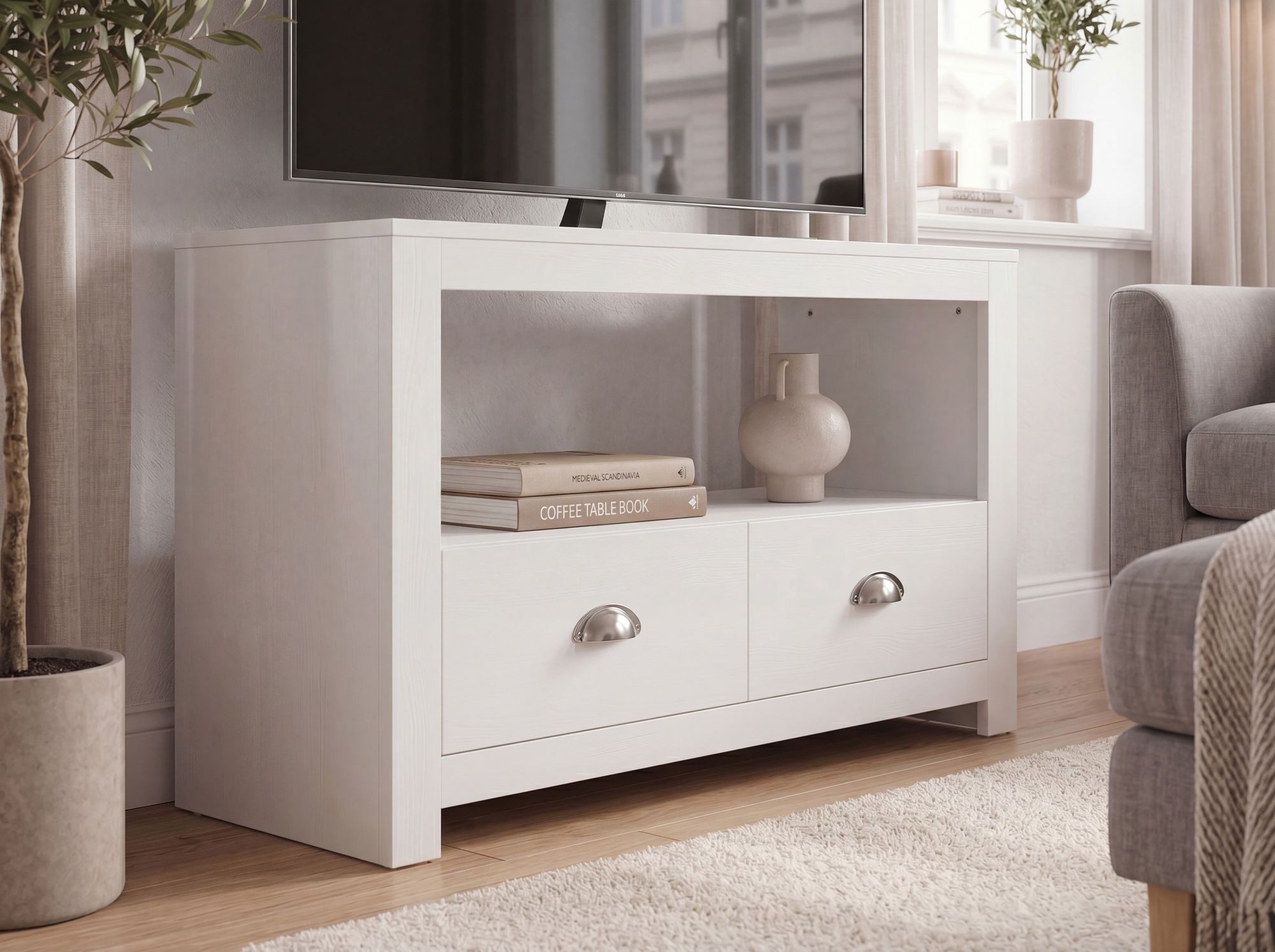 FineBuy Lowboard TV Möbel Weiß 85cm - Kompaktes TV Board mit zwei Schubladen - Fernsehunterschrank mit offenem Fach - Platzsparende Fernsehkommode - Fernsehschr – Bild 5 von 5