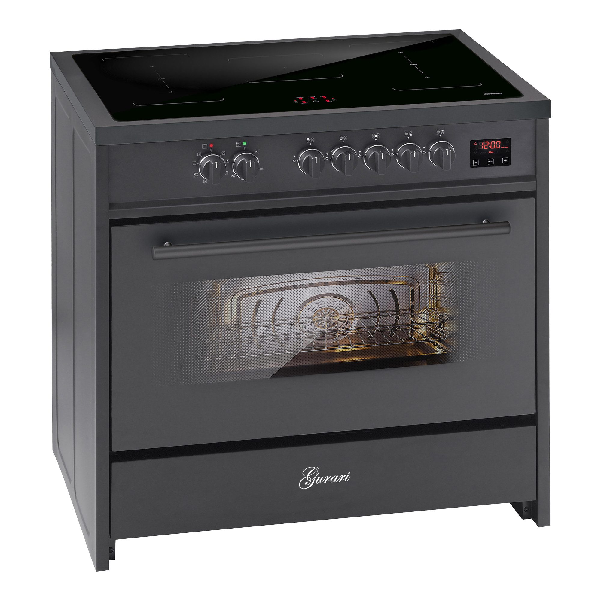 GURARI Induktions-Standherd Induktionsherd 90 cm Standherd Schwarz, 5 Kochzonen, XXL Backofen 121L, Range Cooker,FLEX Zonen E 913 BL,., mit 1-fach-Teleskopauszug