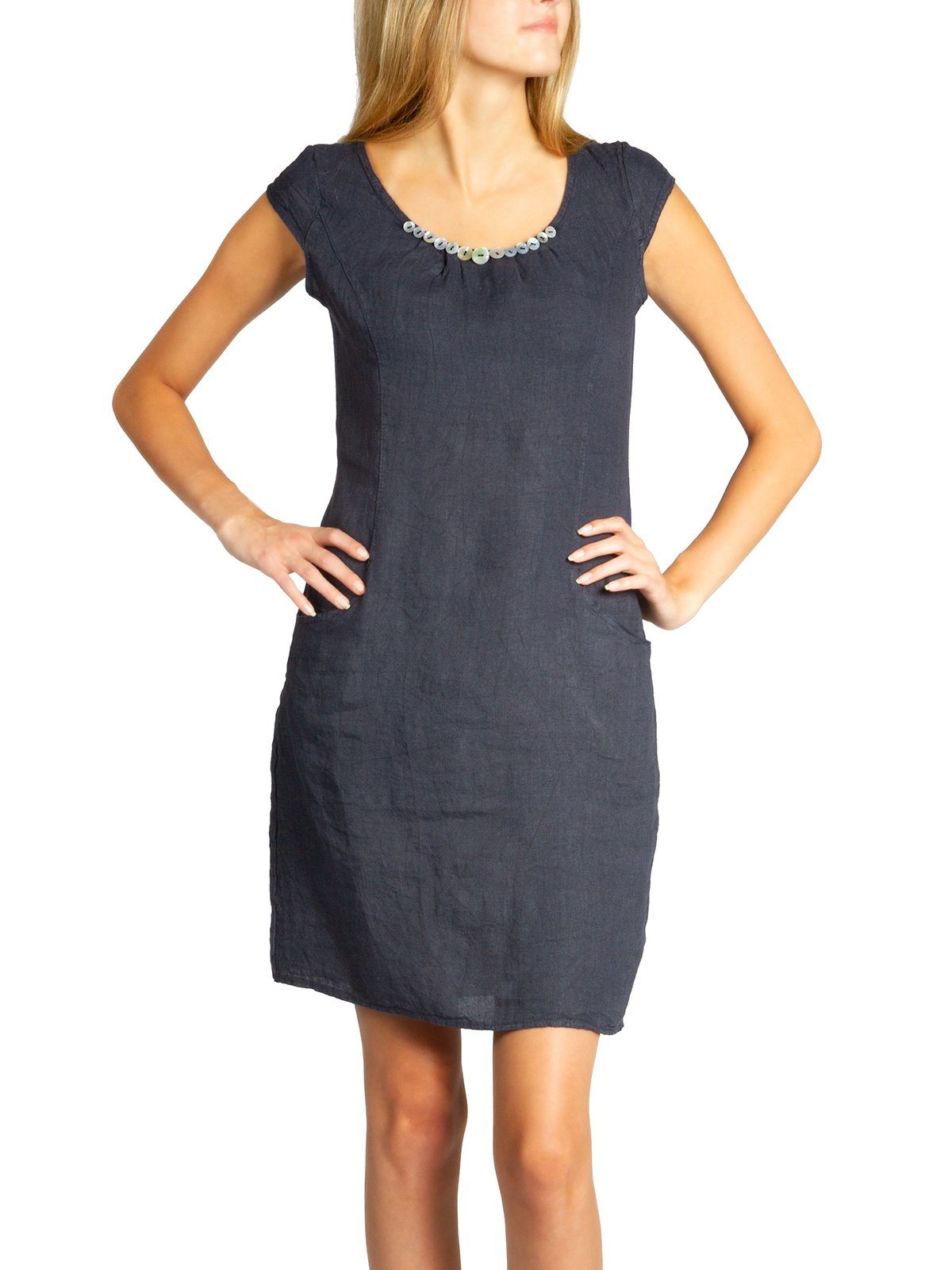 Caspar Sommerkleid SKL018 knielanges Damen Sommer Leinenkleid mit Perlmutt Knöpfe Dekor figurumspielender Schnitt, luftig leicht, angenehm kühlend