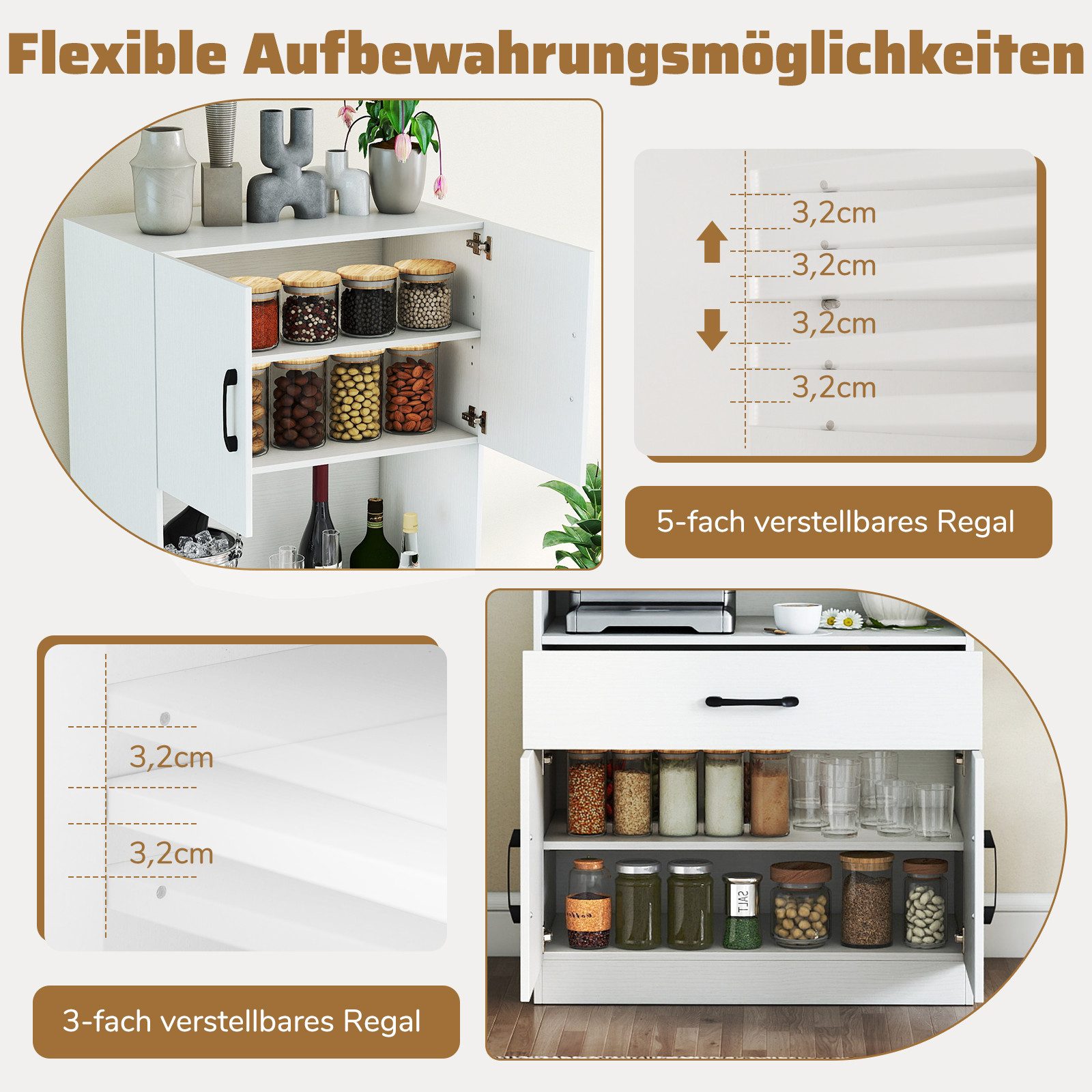 COSTWAY Küchenbuffet mit Ladestation Vorratsschrank hoch mit verstellbarem Regal – Bild 4 von 5