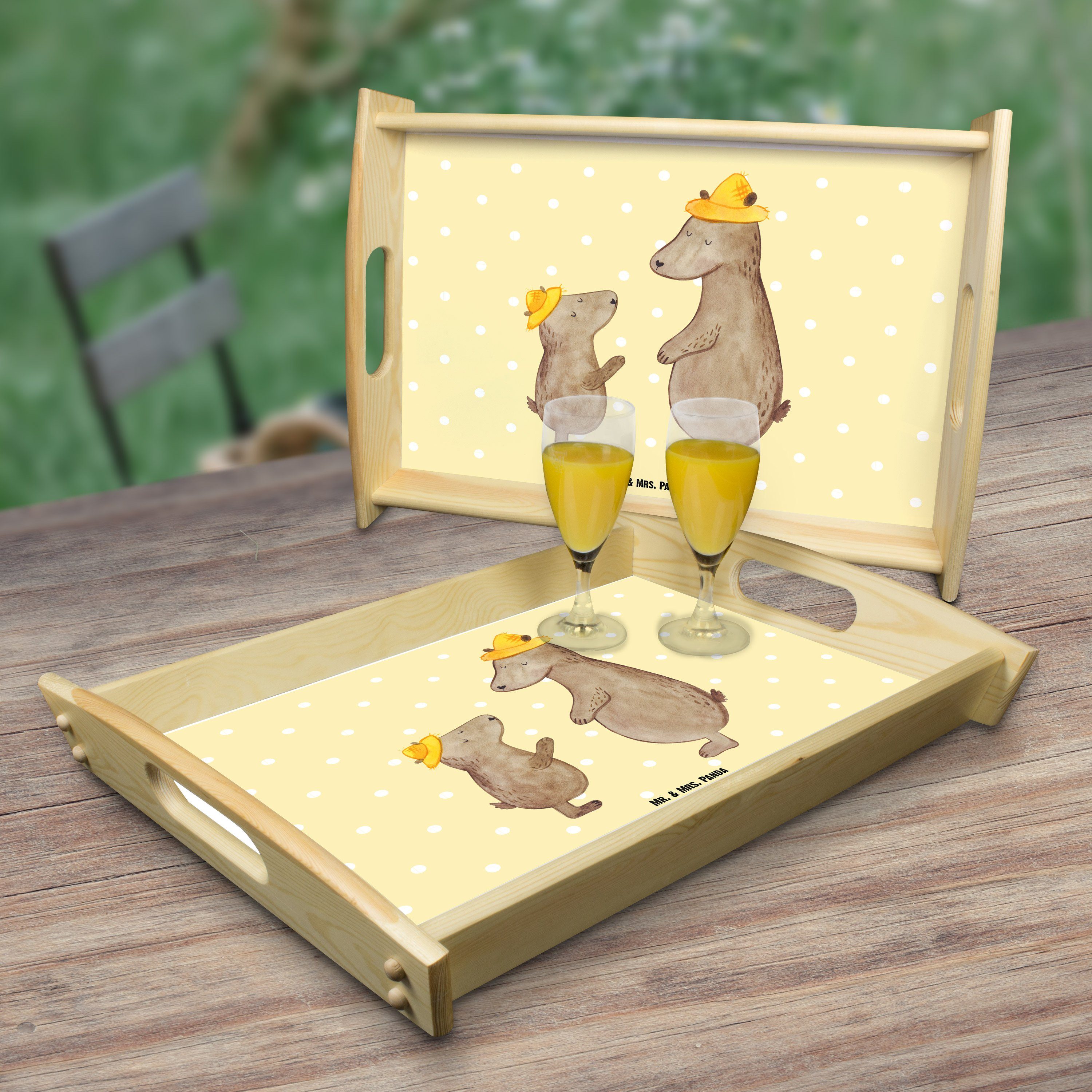 Mr. & Mrs. Geschenk, Tablett Holztablett, Vater, Bruder, (1-tlg) Gelb Hut Bären Echtholz Panda - lasiert, mit Pastell 