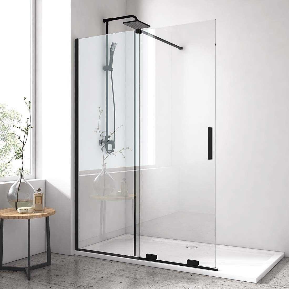 EMKE Walk-in-Dusche Duschwand 195cm Schiebetür Walk In Duschtrennwand, Einscheibensicherheitsglas, 8 mm Dusche Glas NANO einfach-Reinigung Beschichtung