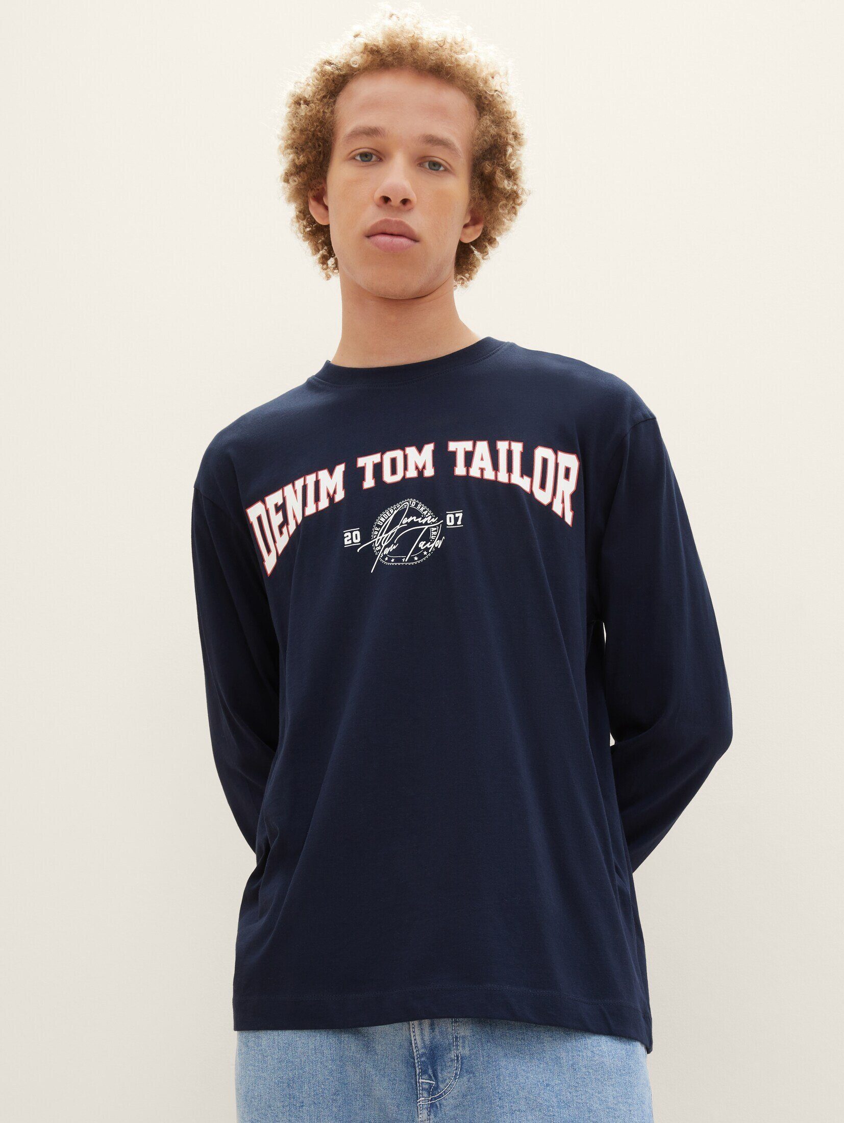 mit Relaxed TOM TAILOR Print T-Shirt Denim Logo Langarmshirt