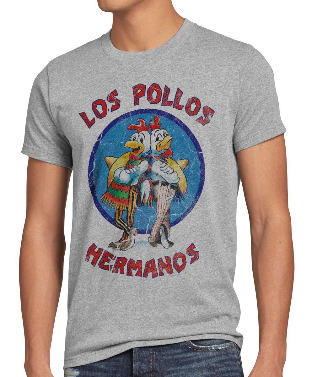 style3 Print-Shirt Herren T-Shirt Los Pollos breaking hermanos heisenberg walter bad white chicken grau meliert