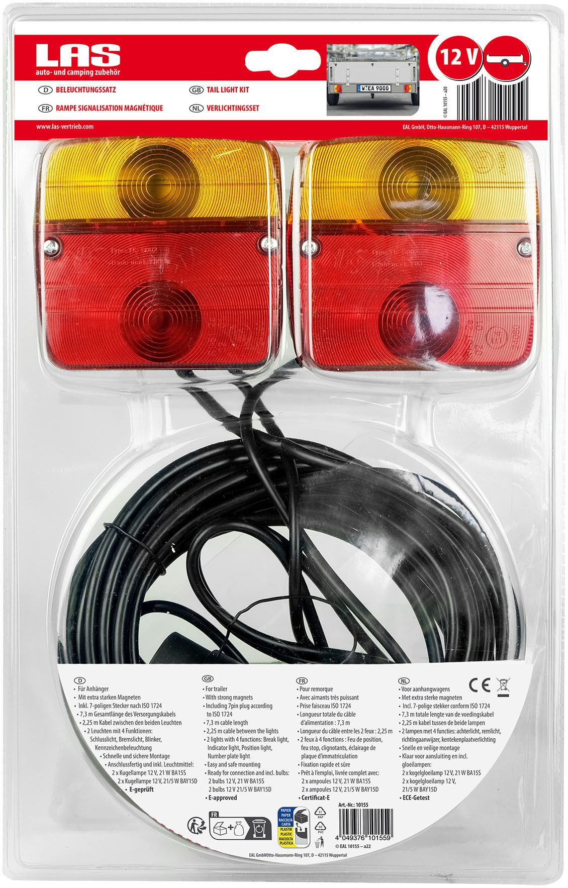 LAS Anhänger-Rückleuchte Beleuchtungssatz mit Magneten, Blinker, Bremslicht, Kennzeichenbeleuchtung, Rückleuchte, Leuchtmittel wechselbar