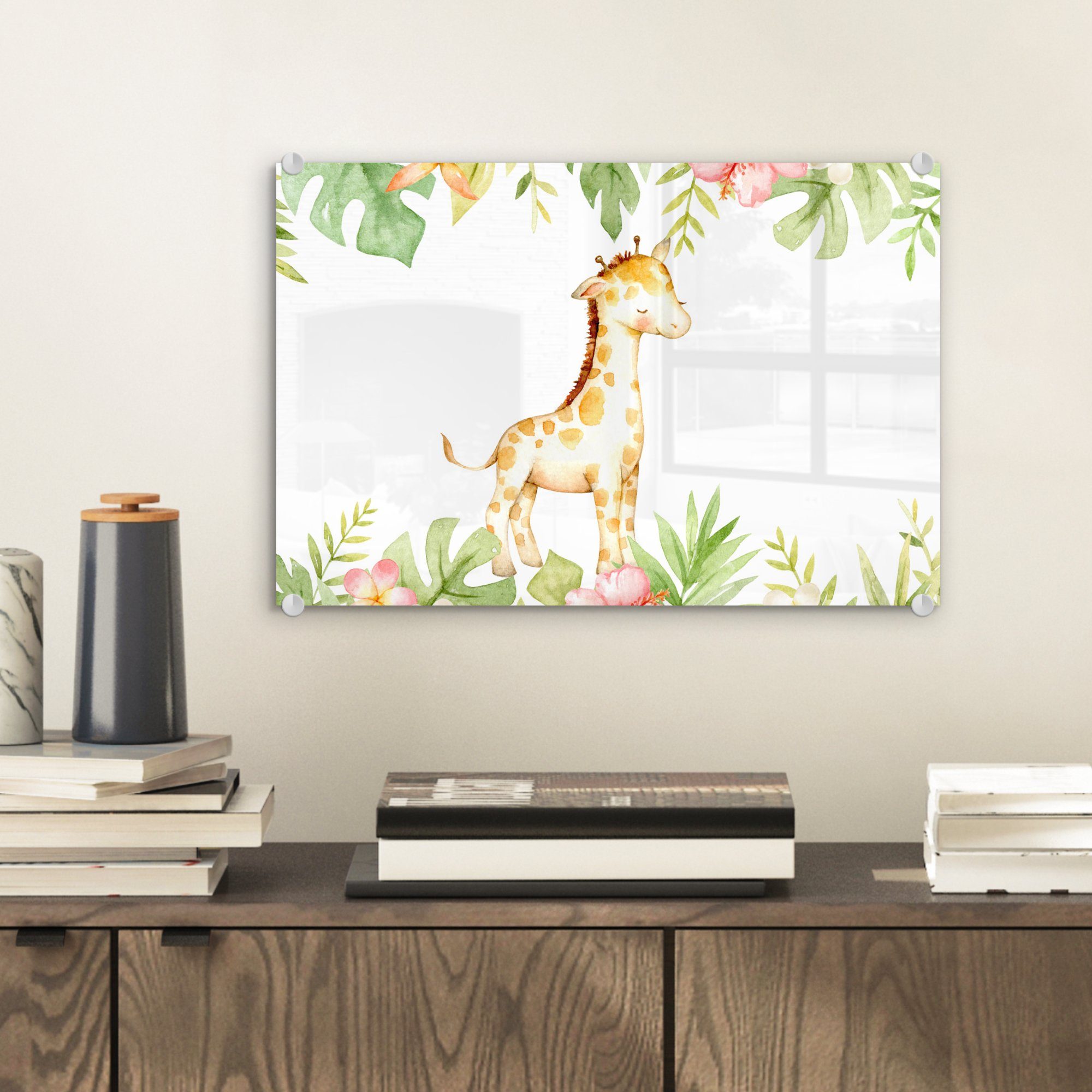 - auf Aquarell, Glas (1 auf Giraffe Glasbilder - - Bilder Wanddekoration Acrylglasbild - Foto MuchoWow Dschungel Glas Blumen Wandbild - St), -
