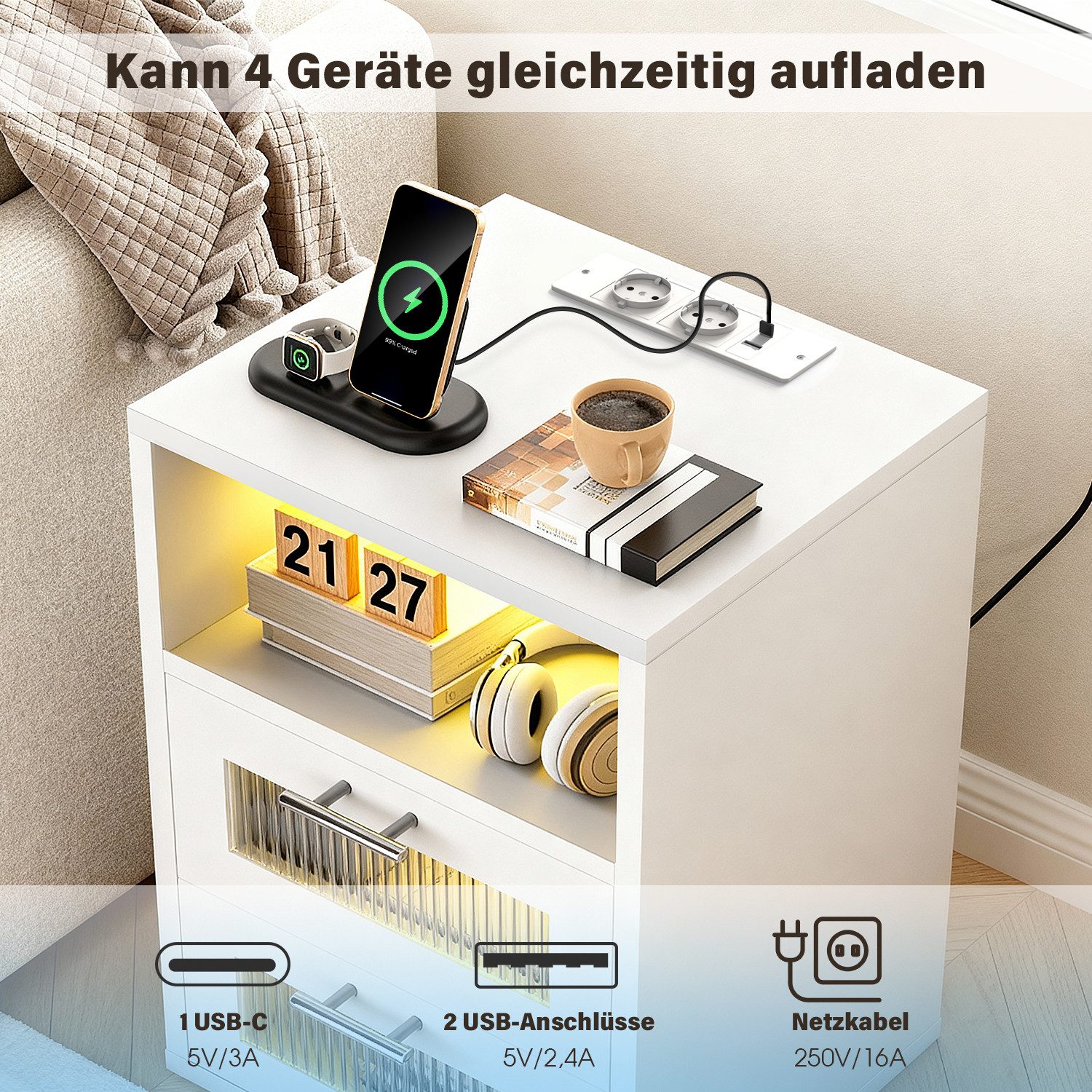 oyajia Nachtkommode Nachttisch mit einstellbarer LED-Beleuchtung, Steckdosen (1 St), Nachtschrank Beistelltisch mit 2 Schubladen und 1 offener Ablage