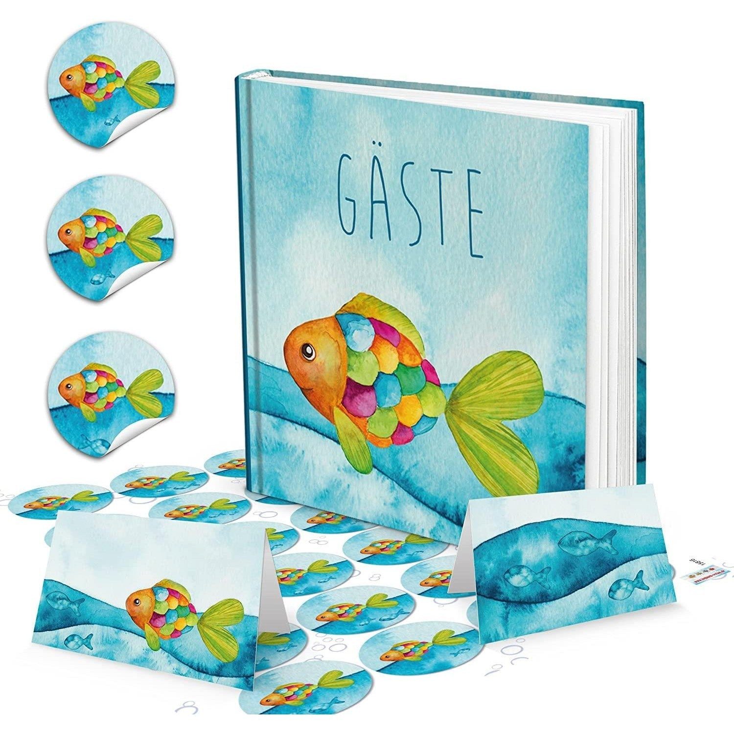 Logbuch-Verlag Aufkleber Regenbogenfisch Gästebuch BUNTER FISCH + 24 runde Fische Aufkleber +