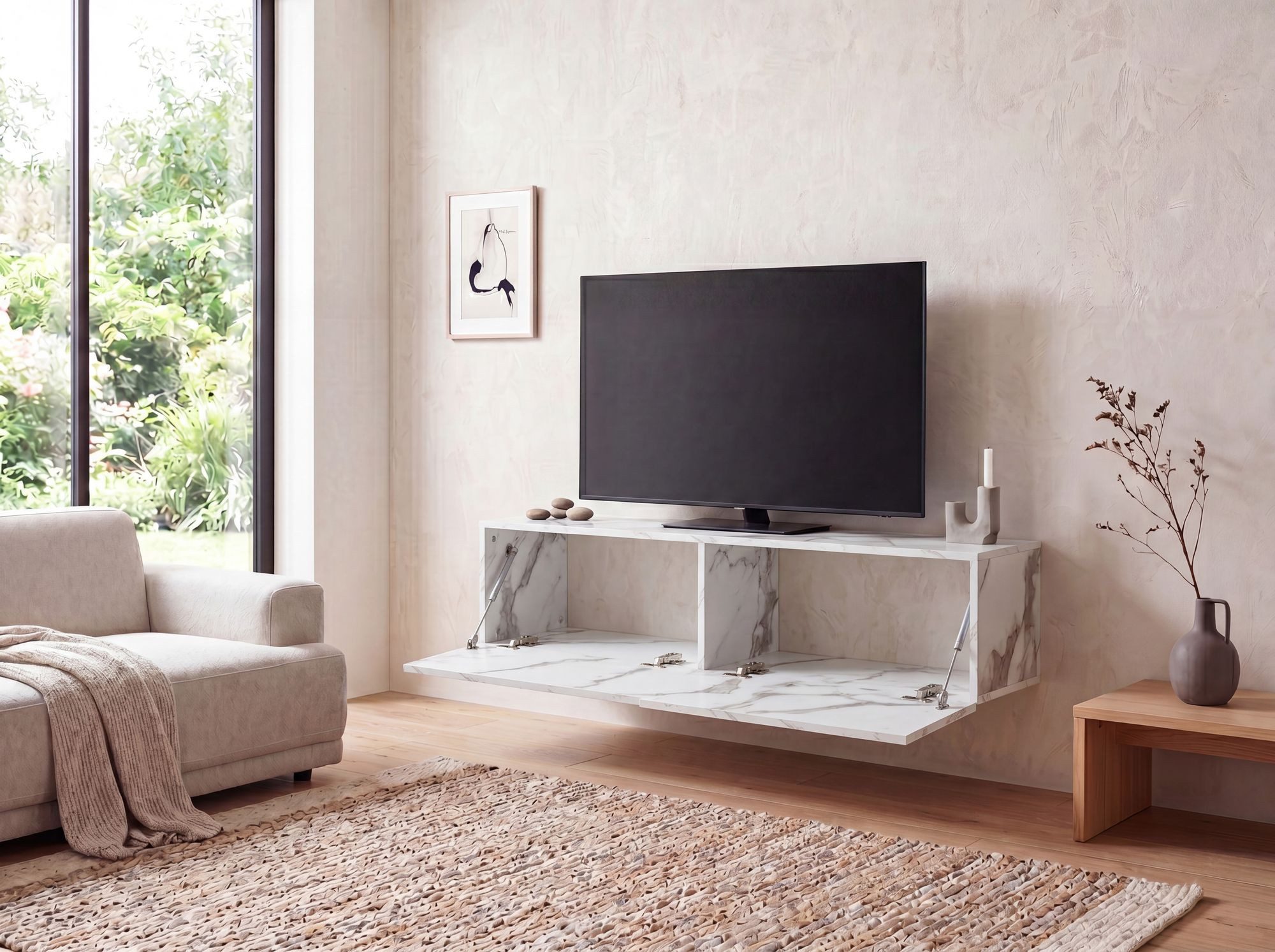 FINEBUY Lowboard FB58622 TV Schrank Hängend 120 cm Marmor-Optik TV-Kommode Klapptür (Marmor-Optik Weiß 120x30x30 cm mit zwei Türen), TV-Kommode Hoch, TV-Schrank Modern, Fernsehtisch