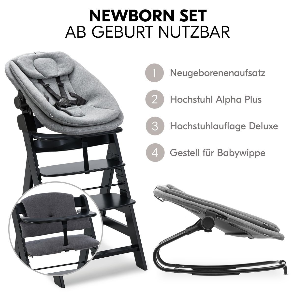 Hauck Hochstuhl Alpha Plus Black Newborn Set (Set), Holz Babyhochstuhl ab Geburt inkl. Neugeborenenaufsatz & Sitzauflage
