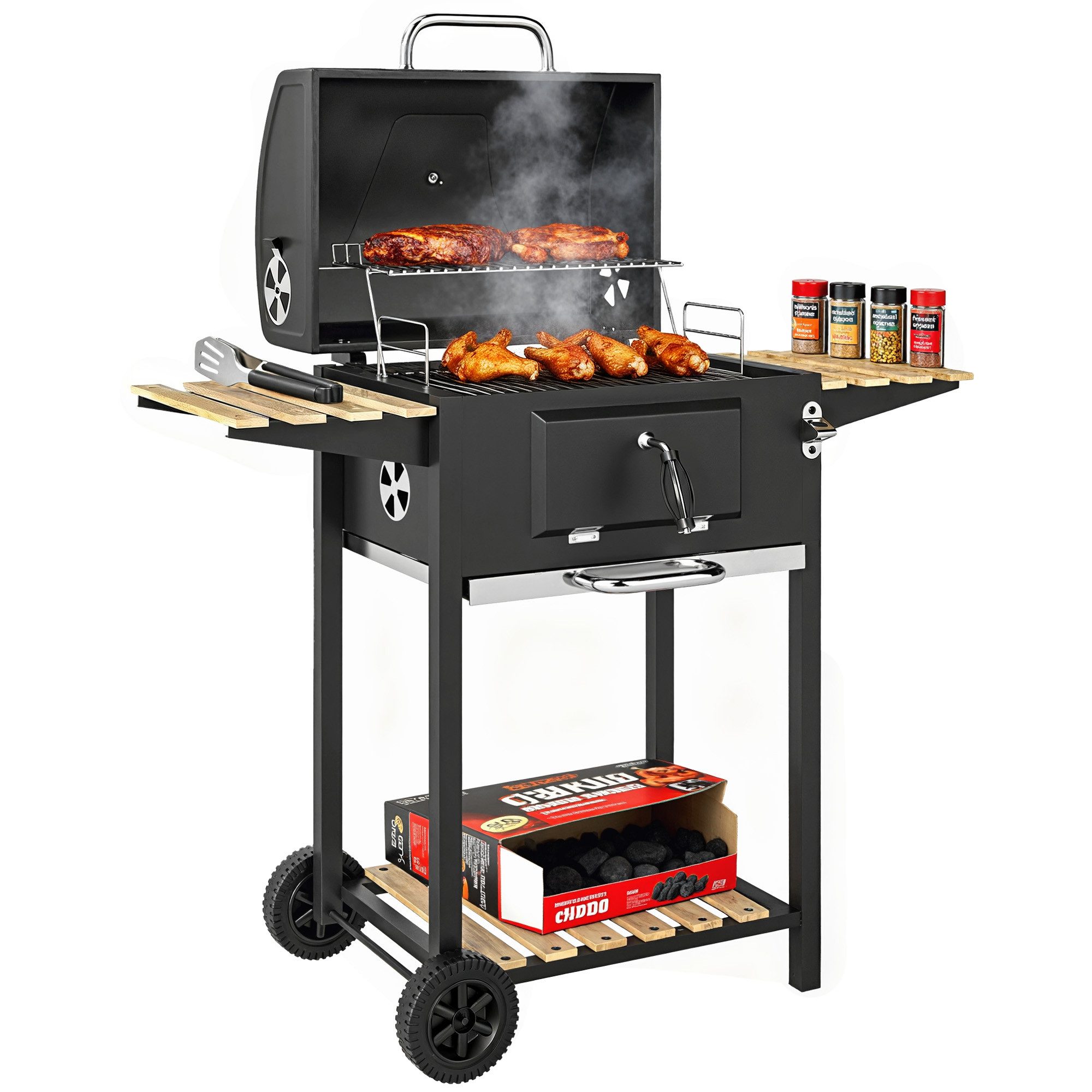 Outsunny Holzkohlegrill mit Thermometer, Grillrost, Räder, Griff, verstellbar Kohlewanne, fahrbar Grillwagen mit Deckel, Kohlegrillwagen aus Edelstahl, mit Holzablage, für Camping, Garten, 112 x 58 x 107cm