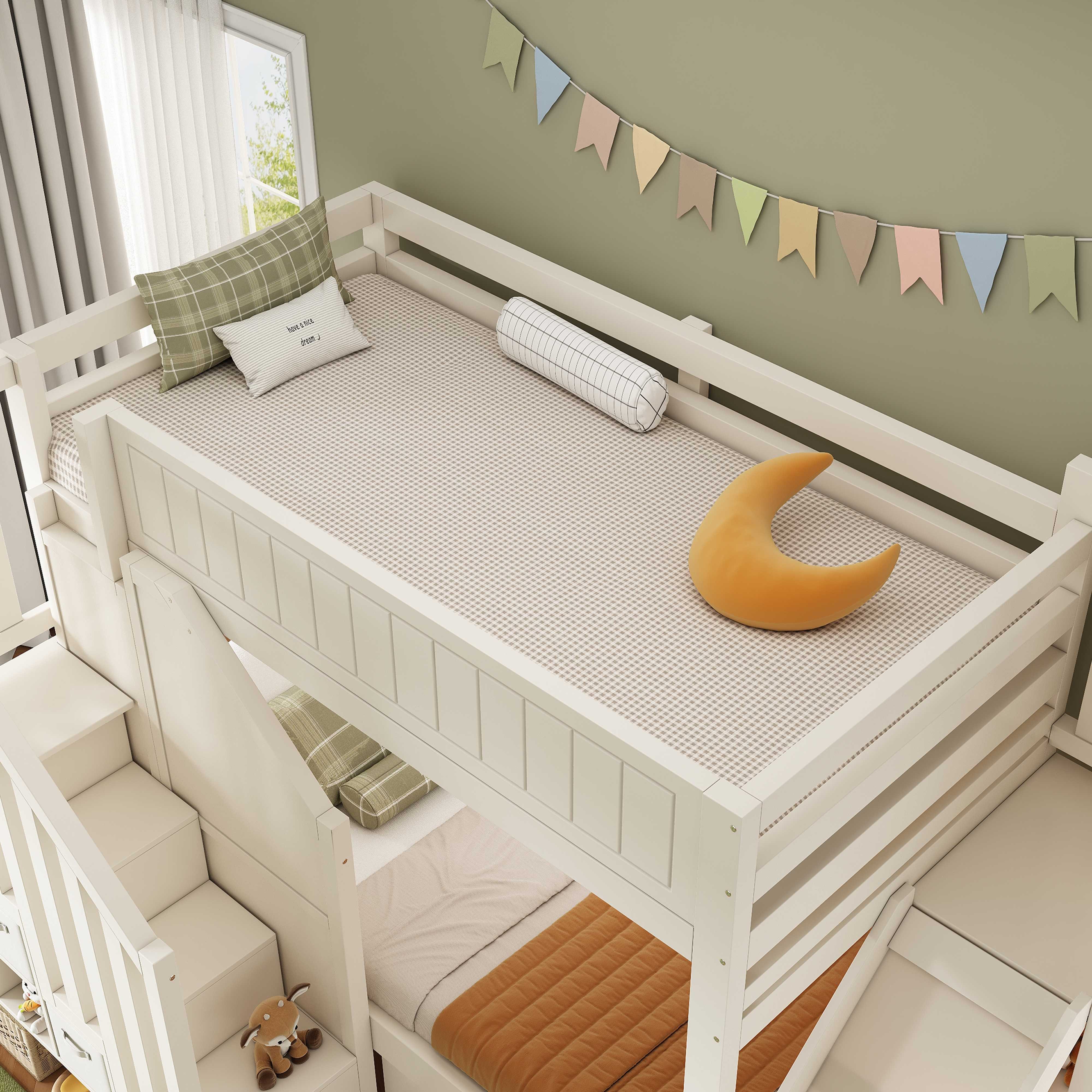 BlingBin Etagenbett Hochbett Doppelstockbett (1-St., Kinder Etagenbett 90x200 cm mit Rutsche und Schublade), Hochbett aus Holz in Weiß, Doppelstockbett mit Stauraum