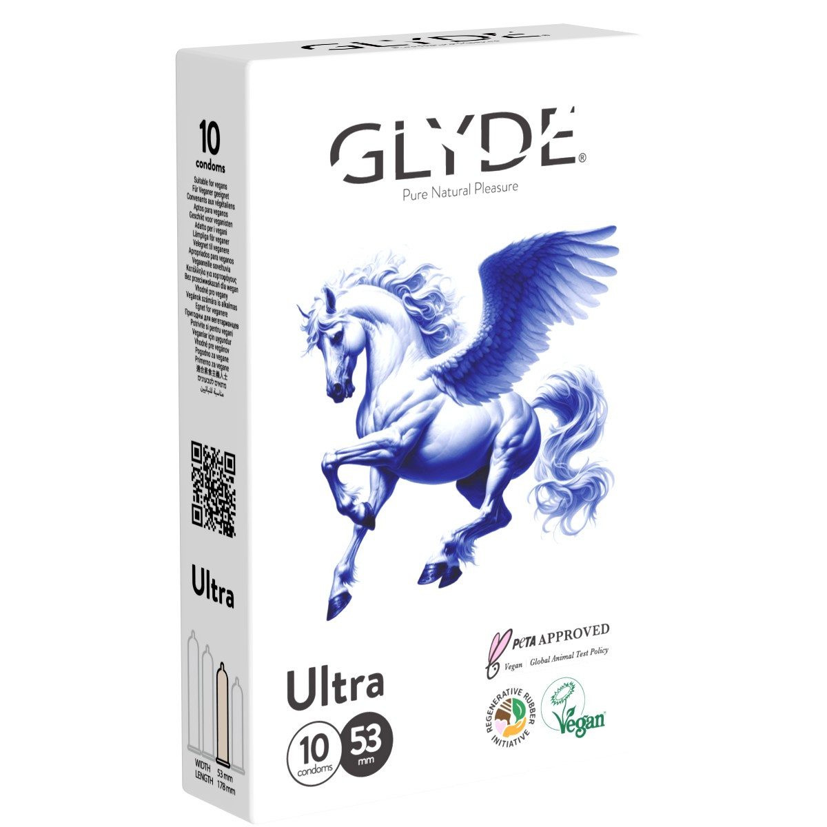 Glyde Kondome Ultra Natural - natürliche vegane Kondome Geruchs- und Geschmacksneutral, Packung mit, 10 St., vegane Kondome ohne Casein, Zertifiziert mit der Veganblume, Gefühlsecht & Reißfest