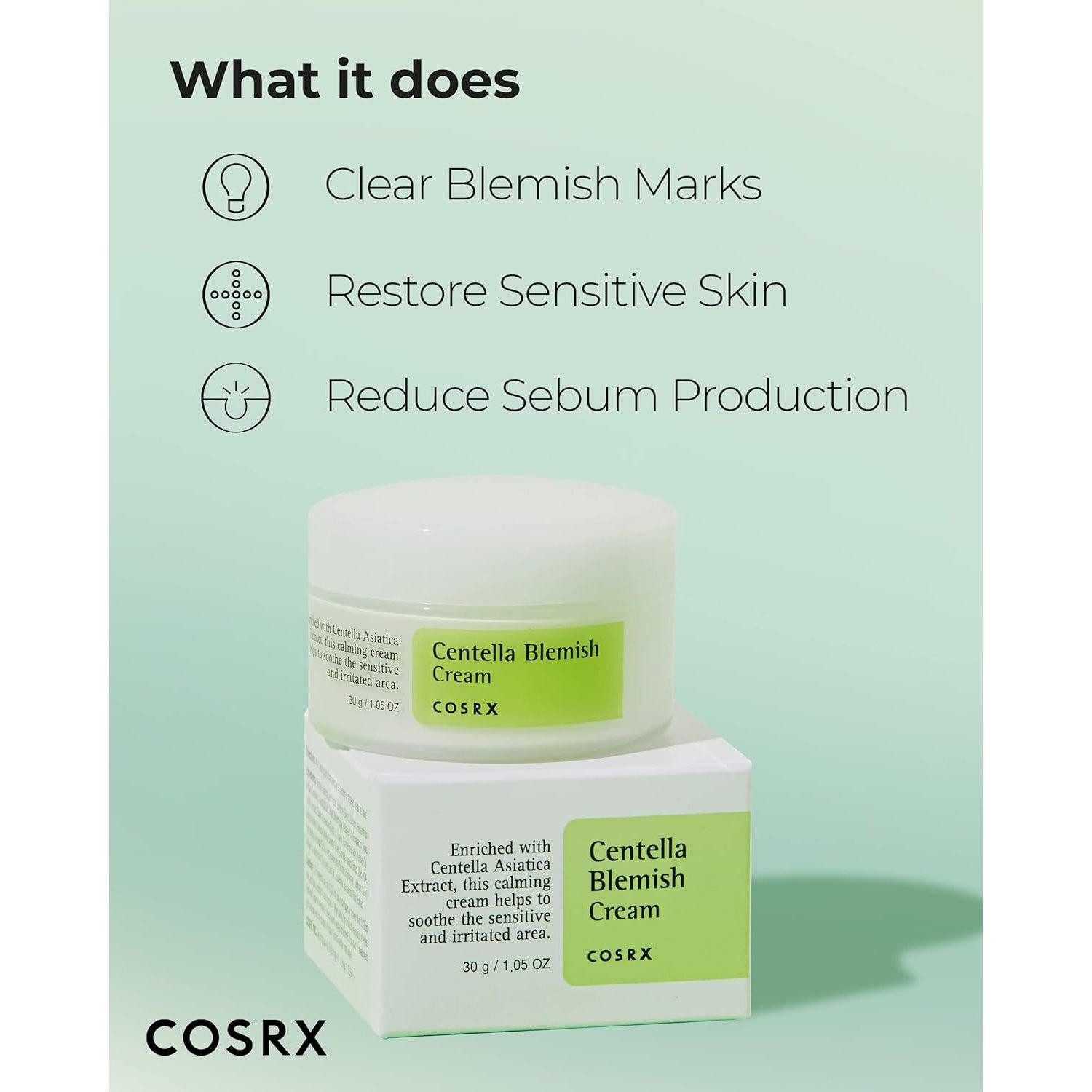 Cosrx Feuchtigkeitscreme Centella Blemish Cream 30ml – Effektive Cream mit Zinkoxid & Centella Asiatica Blattwasser zur Behandlung von Pickeln, Akne – Sanfte, koreanische Skincare für empfindliche Haut, Feuchtigkeit & Schutz