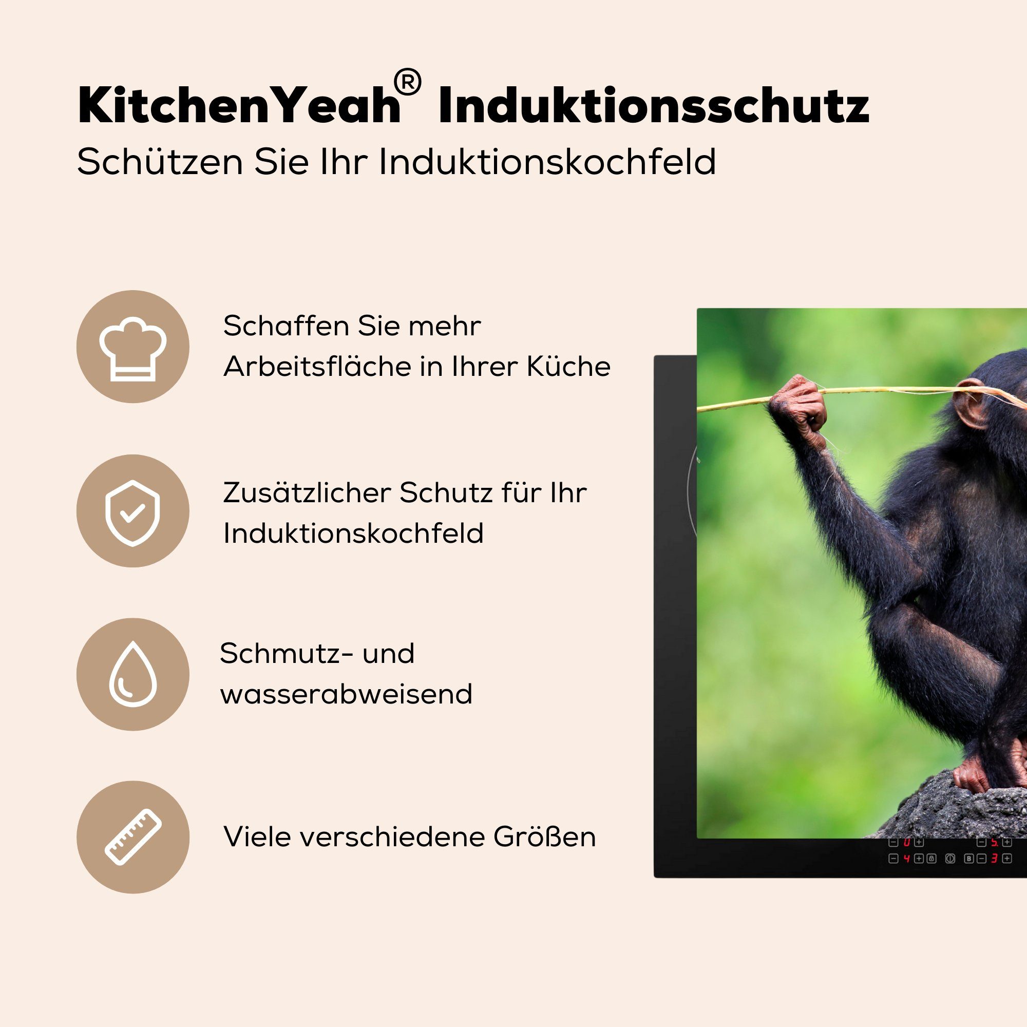MuchoWow Herdblende-/Abdeckplatte Schimpanse - Vinyl, tlg), (1 78x78 cm, - Affe für küche Ceranfeldabdeckung, Arbeitsplatte Essen