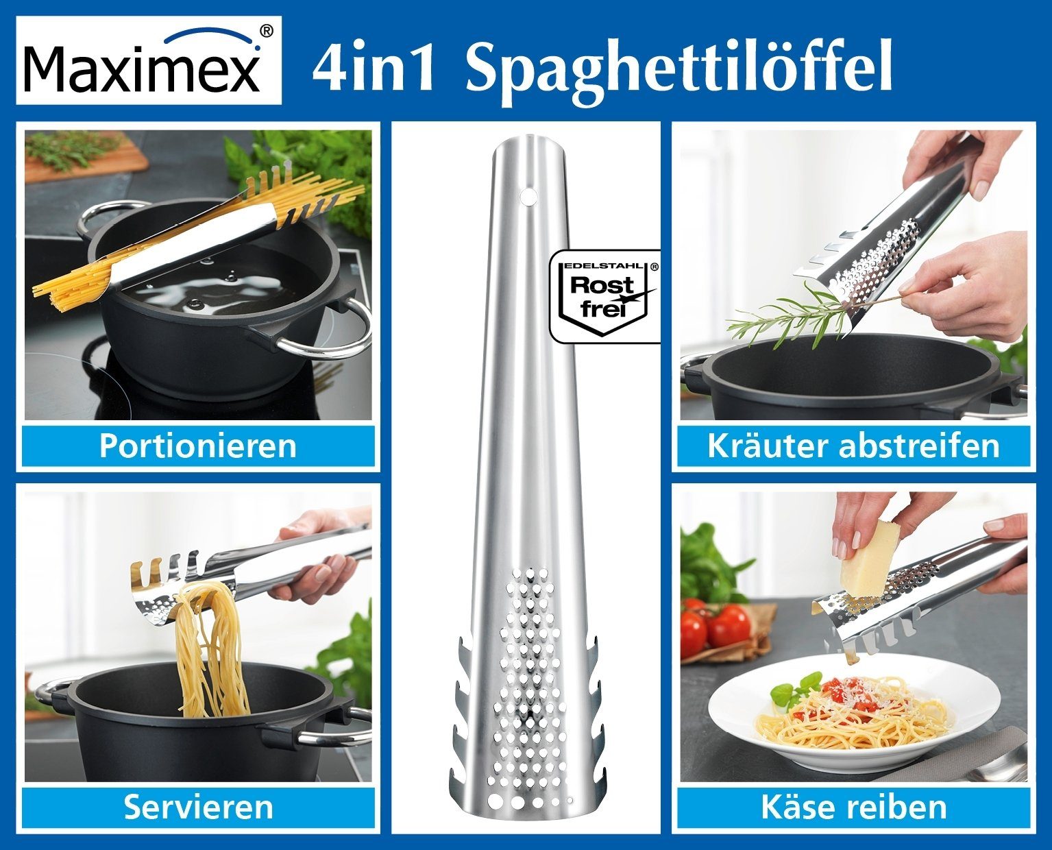 Nudellöffel Spaghettilöffel 4in1 Maße: B: 6 cm x H: 26 cm x T: 4 cm Edelstahl