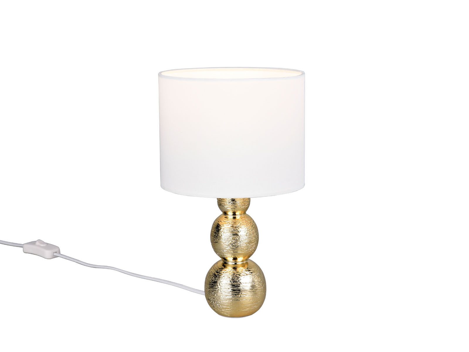 Reality Leuchten LED Nachttischlampe aus Keramik mit Stoffschirm Weiß H: 29cm, Dimmfunktion, LED wechselbar, warmweiß, Tischlampe Design-klassiker Lampenschirm Stoff & Lampenfuß Gold