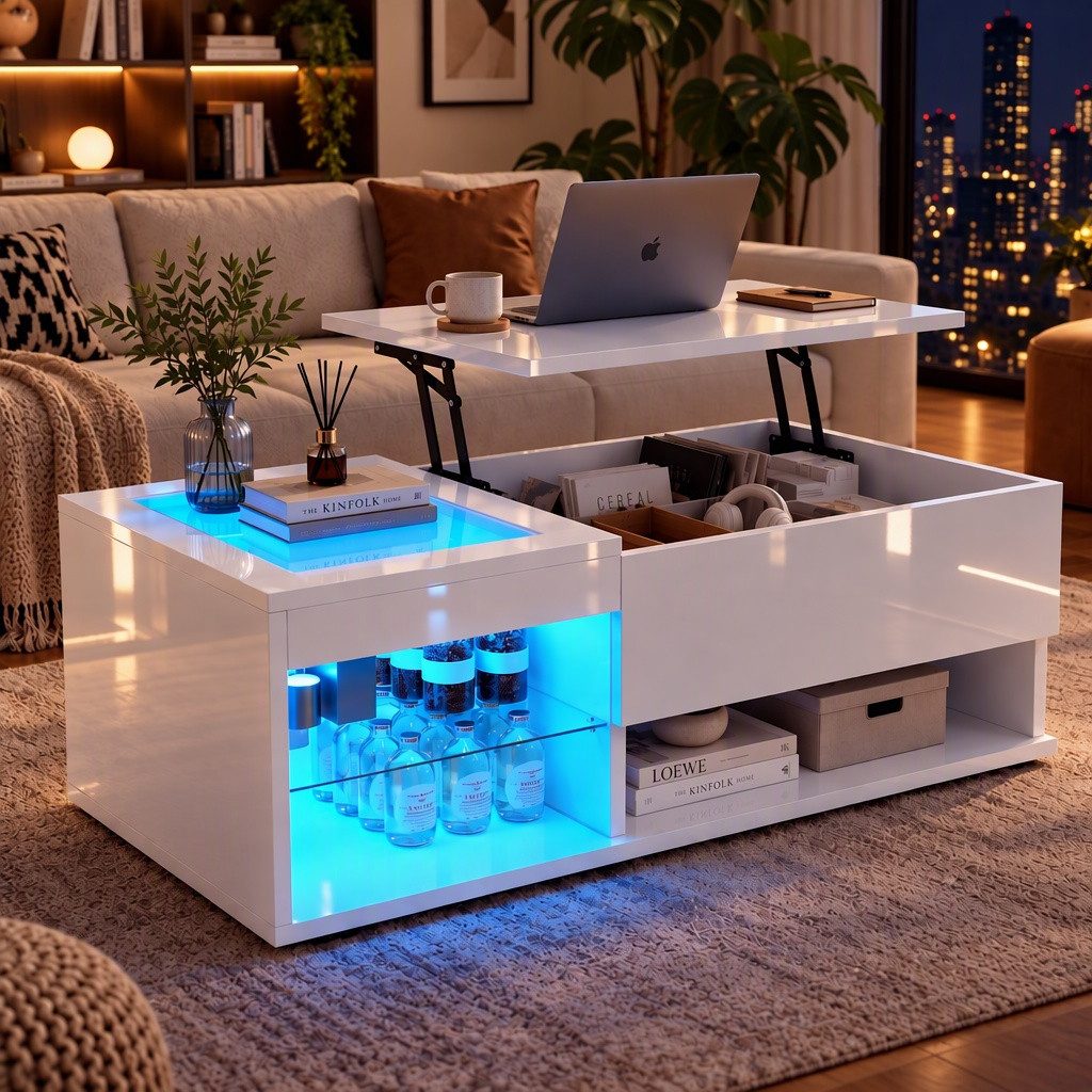 PXloue Couchtisch LED-Couchtisch mit Stauraum und modernem Design (Hochglänzender), Höhenverstellbarer LED Wohnzimmertisch Kaffeetisch Breite 100 cm