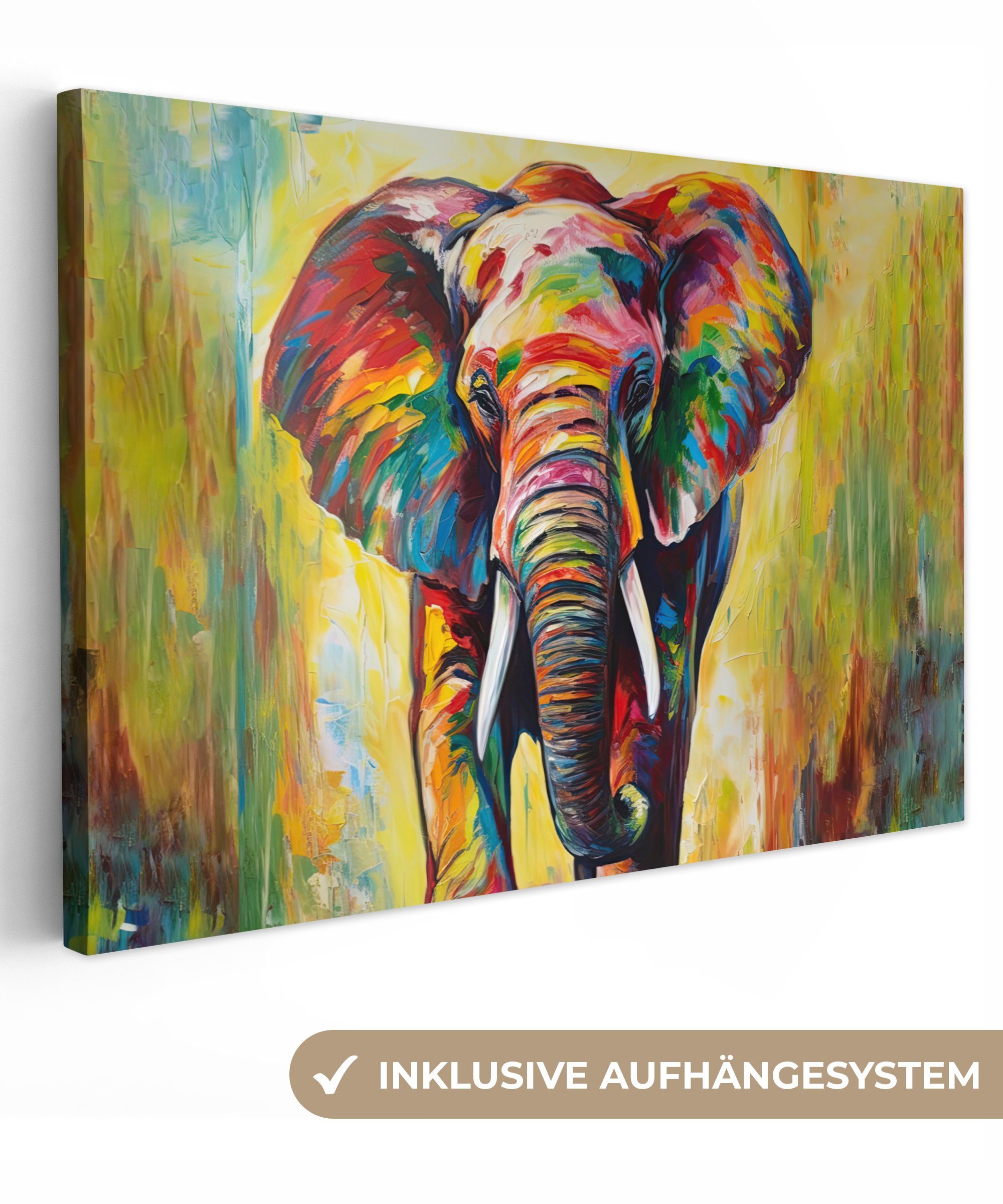 OneMillionCanvasses® Leinwandbild Elefant - Kunst - Malerei - Tiere - Regenbogen, Fotodruck (1 St), Leinwand Bilder Klein, Wand Dekoration Aesthetic 30x20 cm