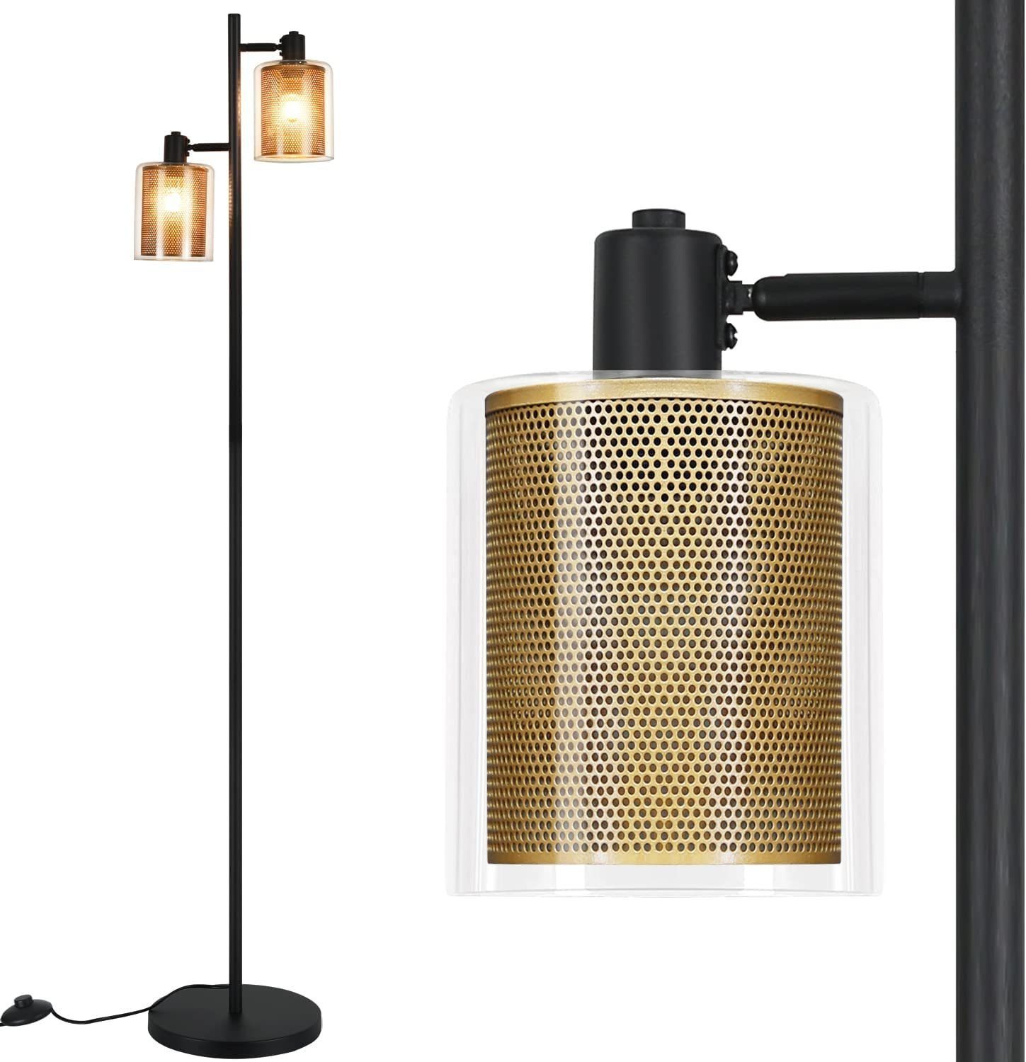 ZMH Stehlampe Vintage Stehleuchte Retro Wohnzimmer Industrial Schwarz Gold,  LED wechselbar, ohne Birne, E14, 2 flammig