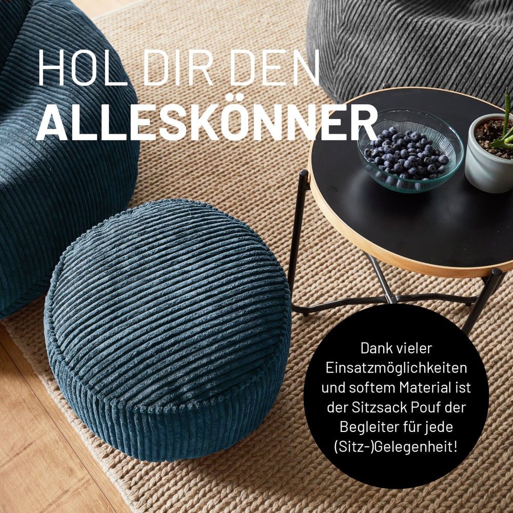 Lumaland Sitzsack Sitzhocker Cord Ablage kompakt 25x45 cm, pflegeleicht, Indoor Relaxen
