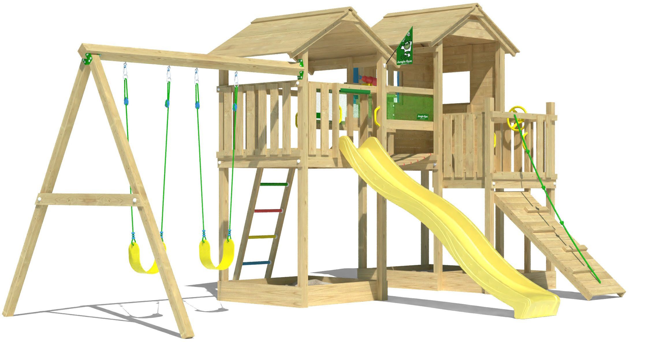 Jungle Gym Spielturm Stronghold, Spielanlage mit 2 Türmen, Schaukel und Rutsche mit Wasseranschluss