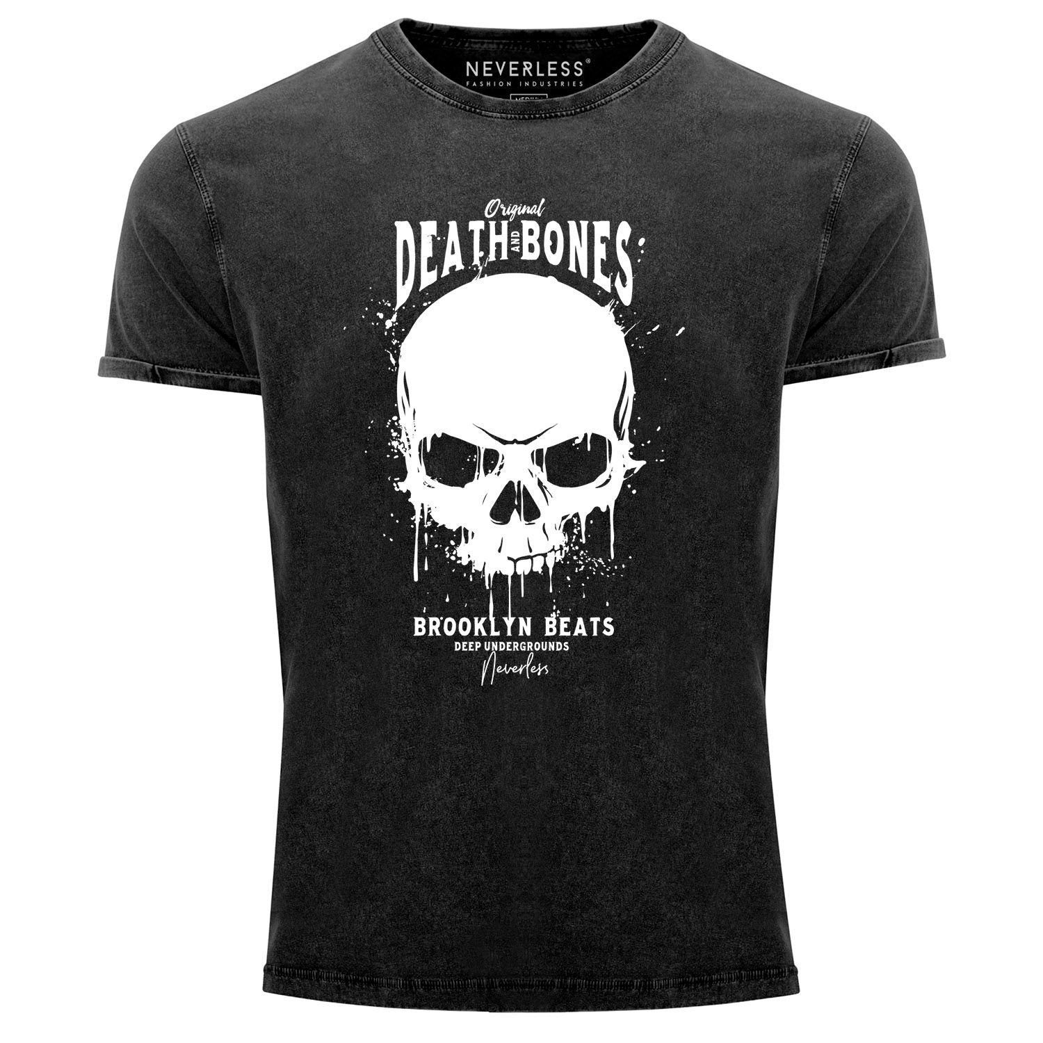 Neverless Print-Shirt Neverless® Herren T-Shirt Vintage Shirt Printshirt Skull Death and Bones Totenkopf Club Outfit Used Look Slim Fit mit Print schwarz