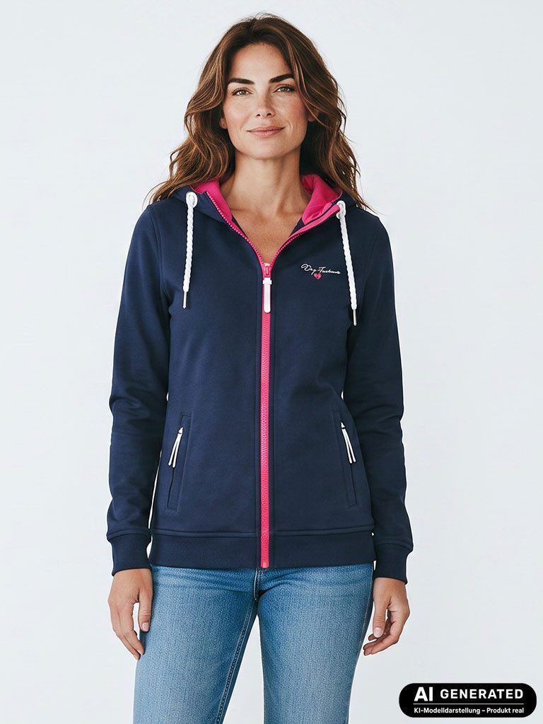 Dry Fashion Kapuzensweatjacke Damen Sweatjacke Kolding mit Moin-Backprint - Wärmende Kapuzenjacke Kapuze mit Kordelband, Kinnschutz, Taschen mit Reißverschluss