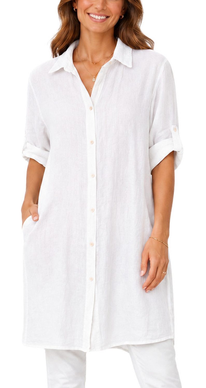 dy_mode Longbluse Damen Leinen Longbluse Sommer Hemdbluse Blusenkleid Luftige Tunika in Unifarbe, mit Knopfleiste