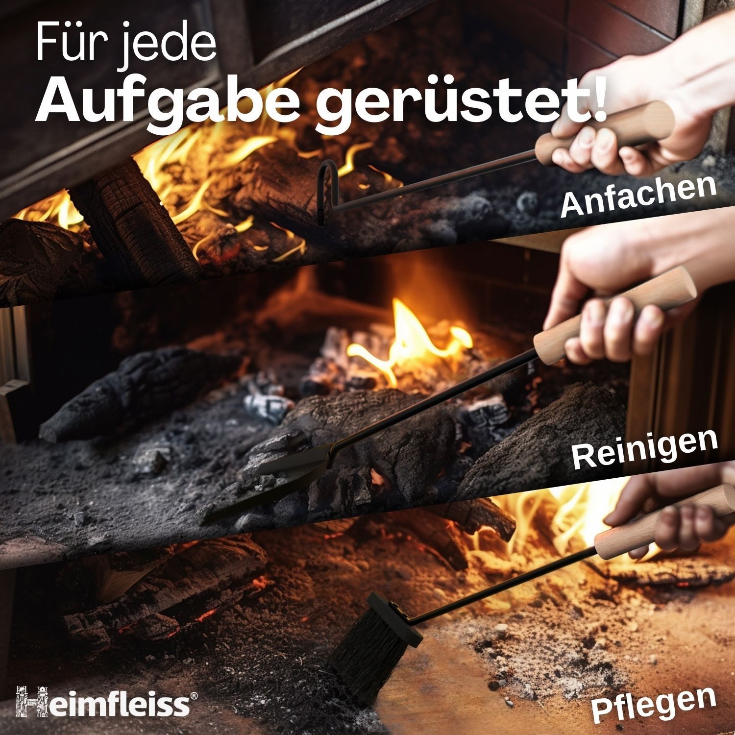 Heimfleiss® Kamingarnitur Modernes Kaminbesteck aus Stahl & Holz – 3-teilig oder 4-teilig, Elegantes Kaminzubehör mit Schaufel, Besen & Schürhaken, Stilvoll