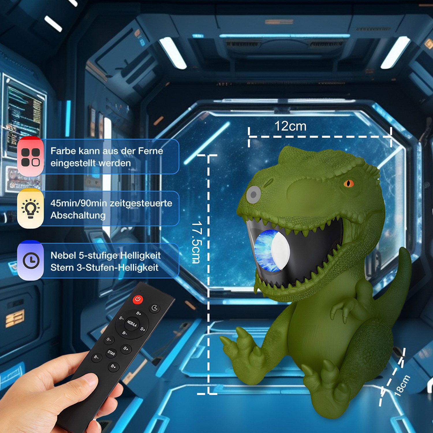 Rosnek Projektionslampe Sternenhimmel Projektor Dimmbar, Dinosaurier Nachlicht Nebel-Stern, Geschwindigkeit Einstellbar 360°Drehbar Timer Deko Stimmungslicht Gr – Bild 4 von 5