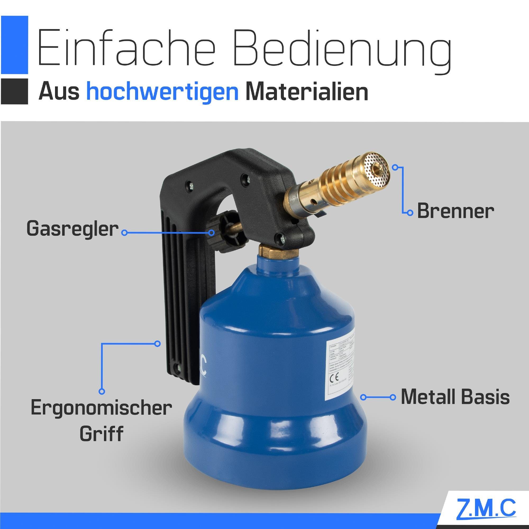 ZMC Flambierbrenner Gasbrenner Grillanzünder Gasanzünder Lötpistole +4 Gaskartuschen 190g, (Lötlampe 2,2 kW Temperatur von bis zu 1200 ° C), Butangas Lötbrenner Kohleanzünder Flammspritzpistole Bunsenbrenner