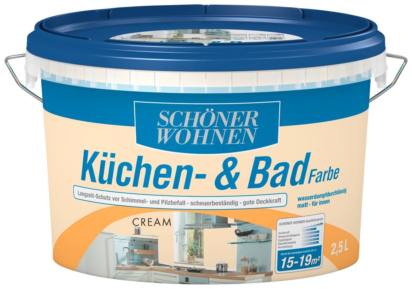 Wandfarbe Schimmel- Pilzbefall vor SCHÖNER cream, und WOHNEN FARBE Badfarbe, Langzeitschutz 2,5 Küchen- & Liter,