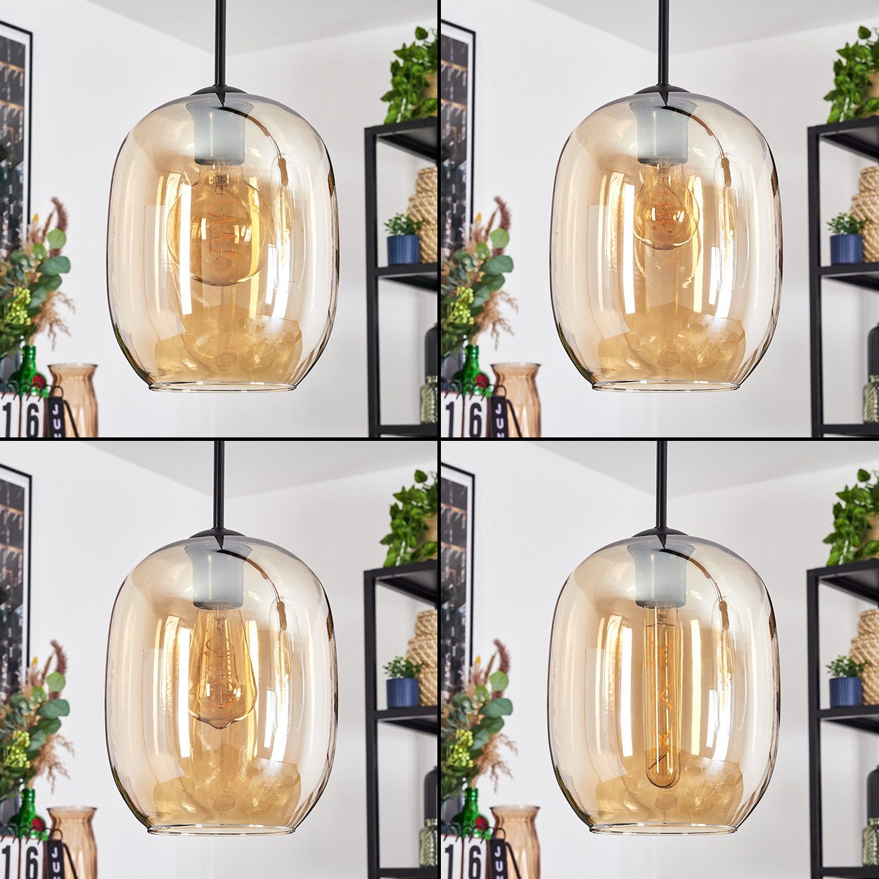 hofstein Hängeleuchte Hängelampe aus Metall/Glas in Schwarz/Bernsteinfarben günstig online kaufen