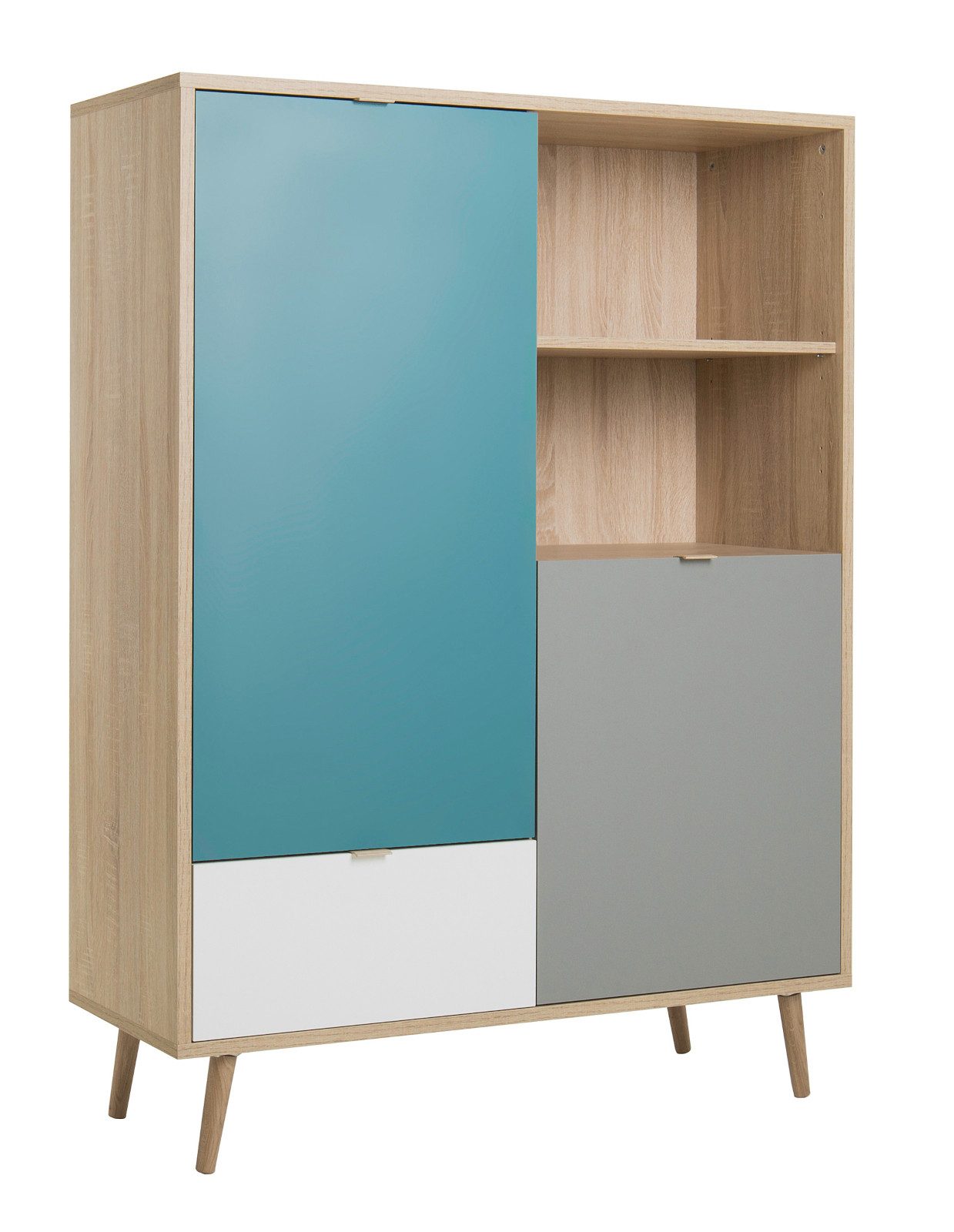 Furn.Design Highboard Colory (Kommode in Eiche Sonoma mit weiß, grau und grün, 103 x 139 cm), skandinavisches Design