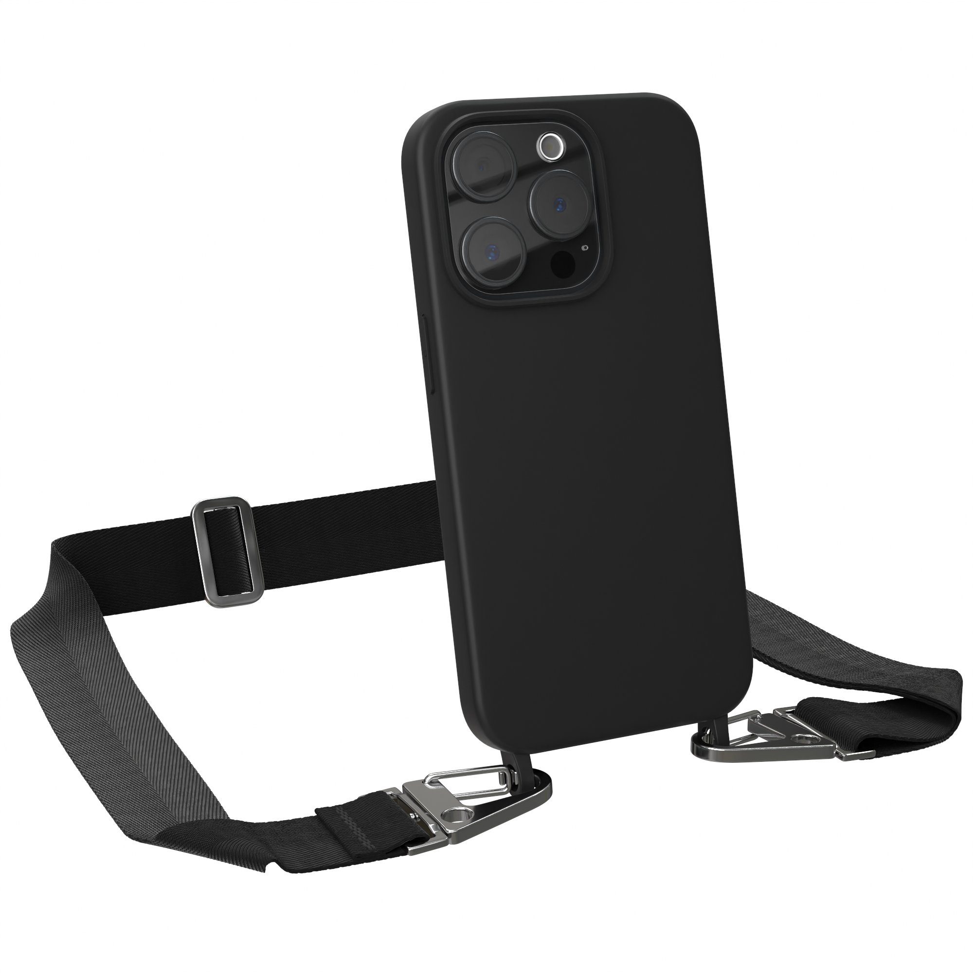 EAZY CASE Handykette Karabiner Breitband für Apple iPhone 15 Pro 6,1 Zoll, Schutzhülle zum Umhängen Handyhülle Umhängeband Matt Schwarz Silber