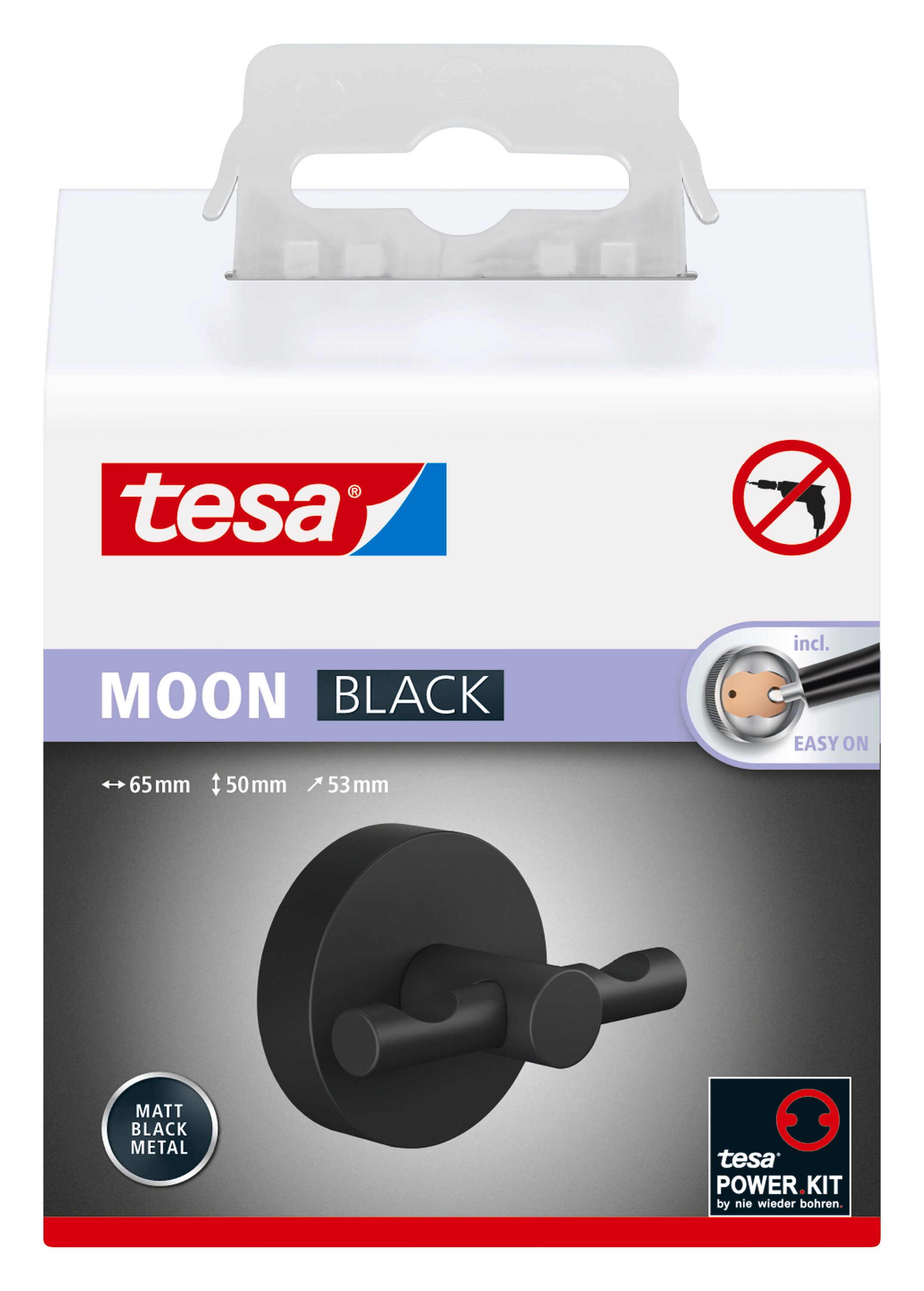 tesa Гачок для рушника MOON Bademantelhaken ohne Bohren - 5 cm : 6,5 cm : 5,3 cm, Badezimmer, Gäste-WC, Wandmontage, (Packung, 1-St., inkl. Klebelösung), selbstklebende Сушки для рушниківung - schwarz