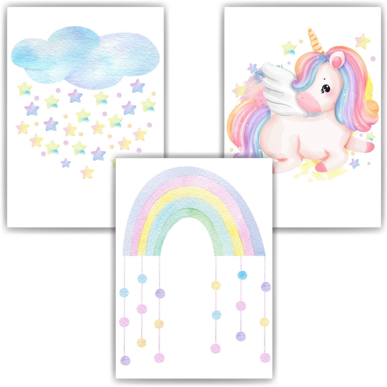 Tigerlino Poster Regenbogen Einhorn Bilder 3er Set Kinderzimmer Babyzimmer Dekoration