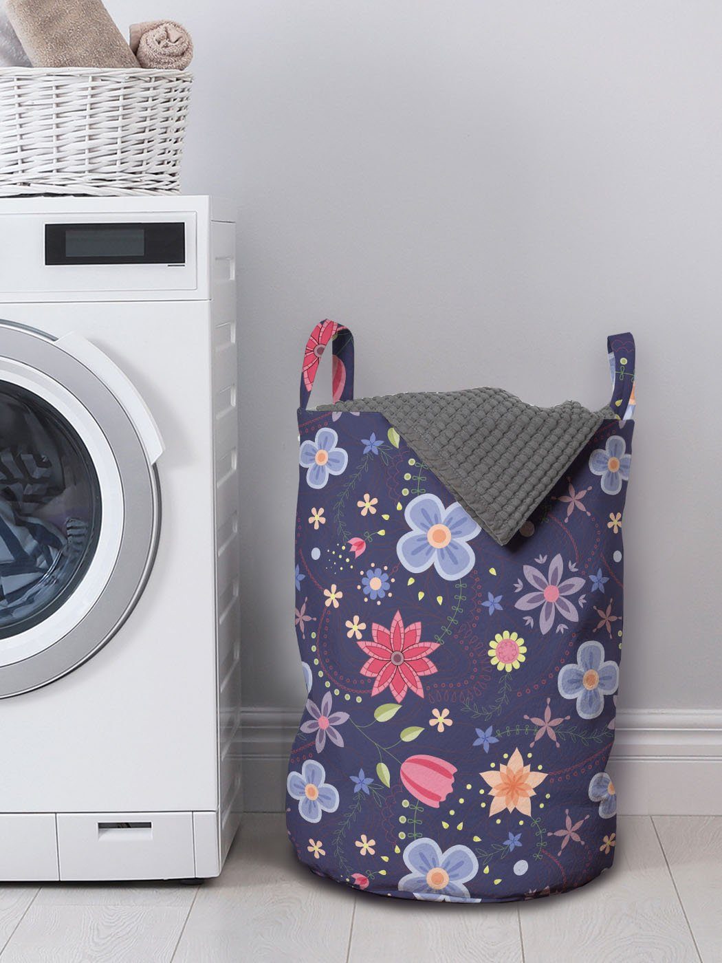 Abakuhaus Wäschesäckchen Wäschekorb mit Petals Frühling Waschsalons, Kordelzugverschluss Griffen Doodle Bunte Themen für