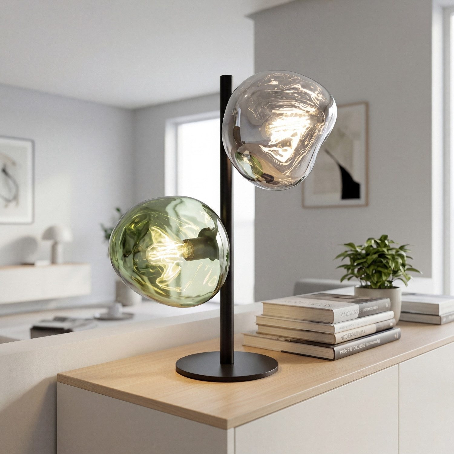 Licht-Erlebnisse Tischleuchte CLONLINA, ohne Leuchtmittel, Glas Weiß Grün Metall E14 40 cm Lava-Glas verspiegelt Schlafzimmer