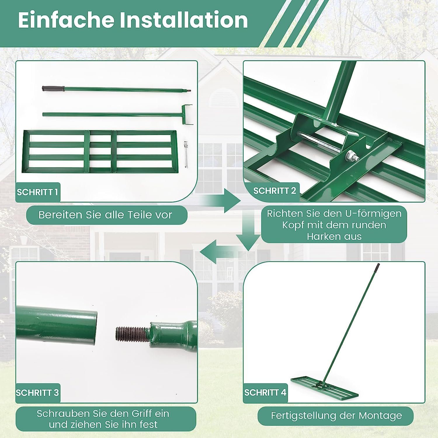 KOMFOTTEU Rasenrechen Nivellierrechen Gartenrechen, mit 170cm Griff, 91 x 25 cm