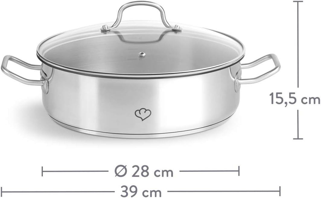 Springlane Schmortopf Edelstahl 28cm, 5 L, Schmor- und Servierpfanne, Induktion, Edelstahl, kratzfest & unbeschichtet, Alle Herdarten, Glasdeckel mit Dampfloch