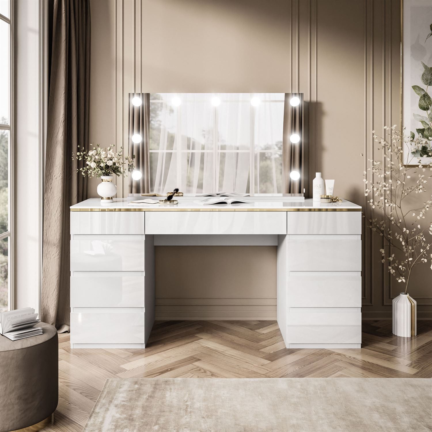 Lookway Schminktisch AURORA DOUBLE GOLD Weiß Hochglanz (1xSchminktisch, 1xSpiegel mit LED)
