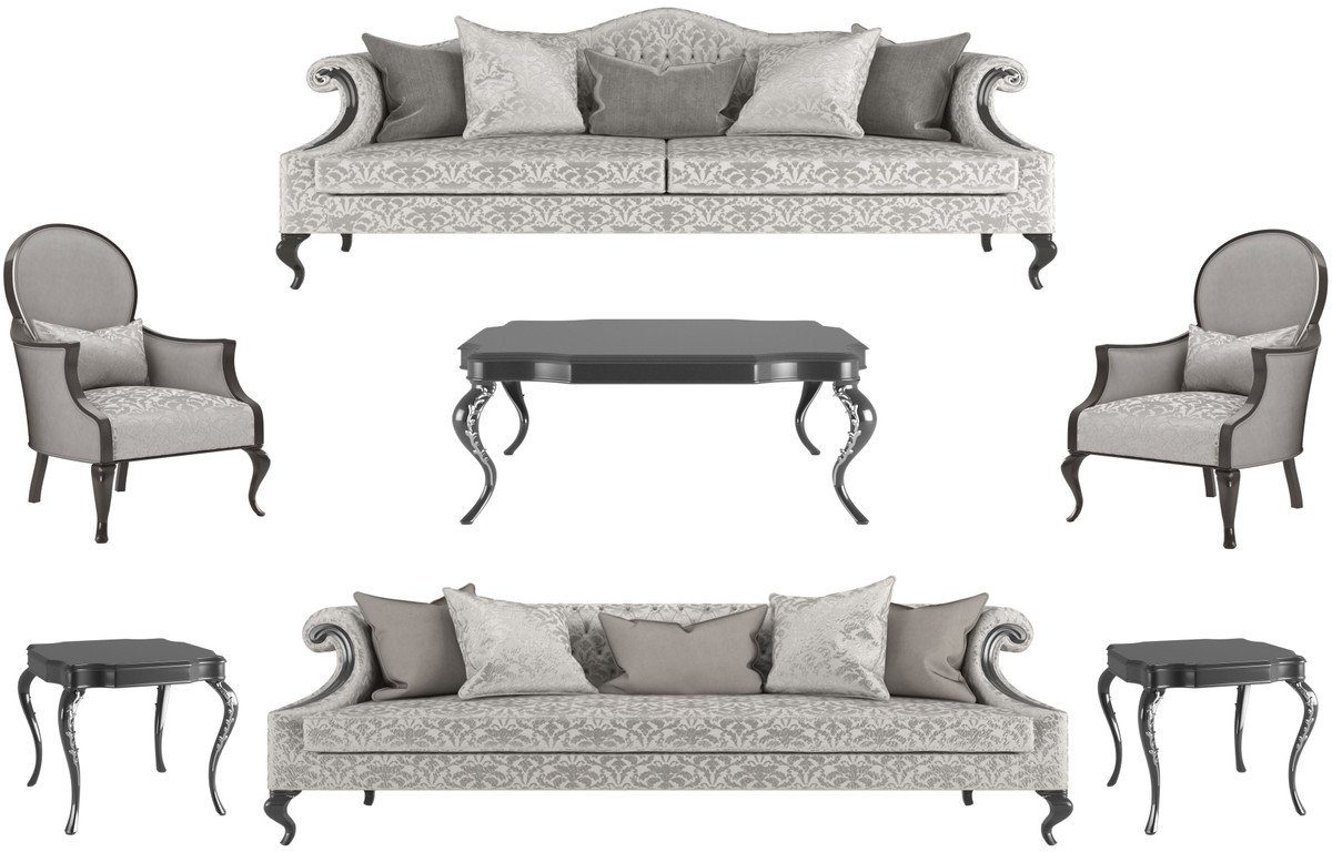 Casa Padrino Couchtisch Luxus Barock Set Silber / Grau / Schwarz - 2 Sofas & 2 Sessel & 1 Couchtisch & 2 Beistelltische - Wohnzimmermöbel im Barockstil - Edle Barock Möbel